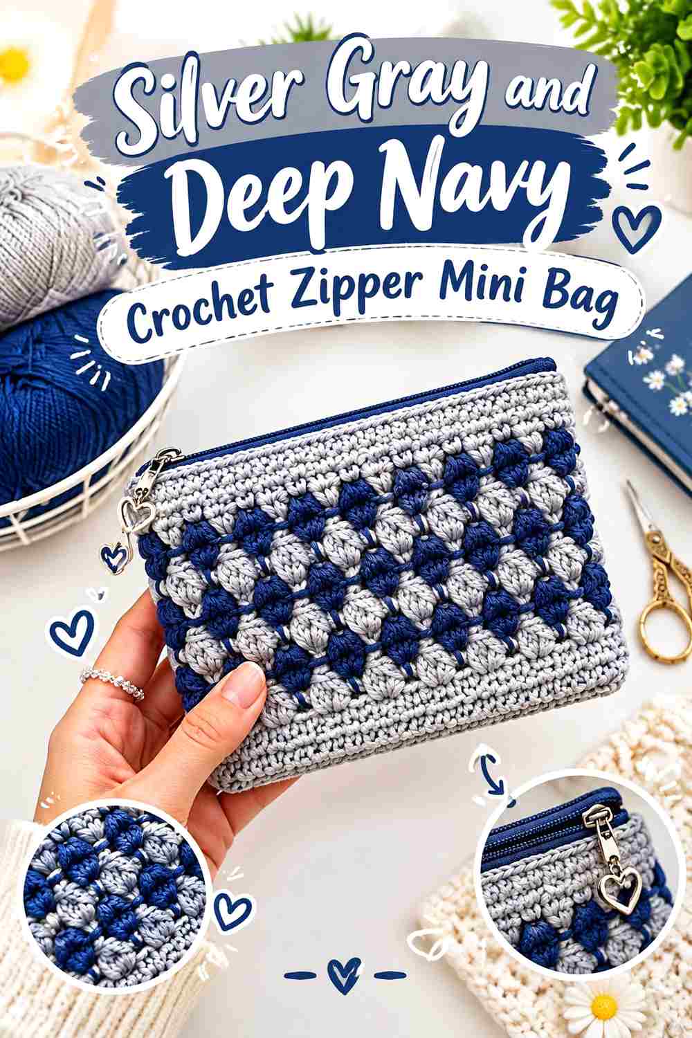 5. Silver Gray And Deep Navy Crochet Zipper Mini Bag