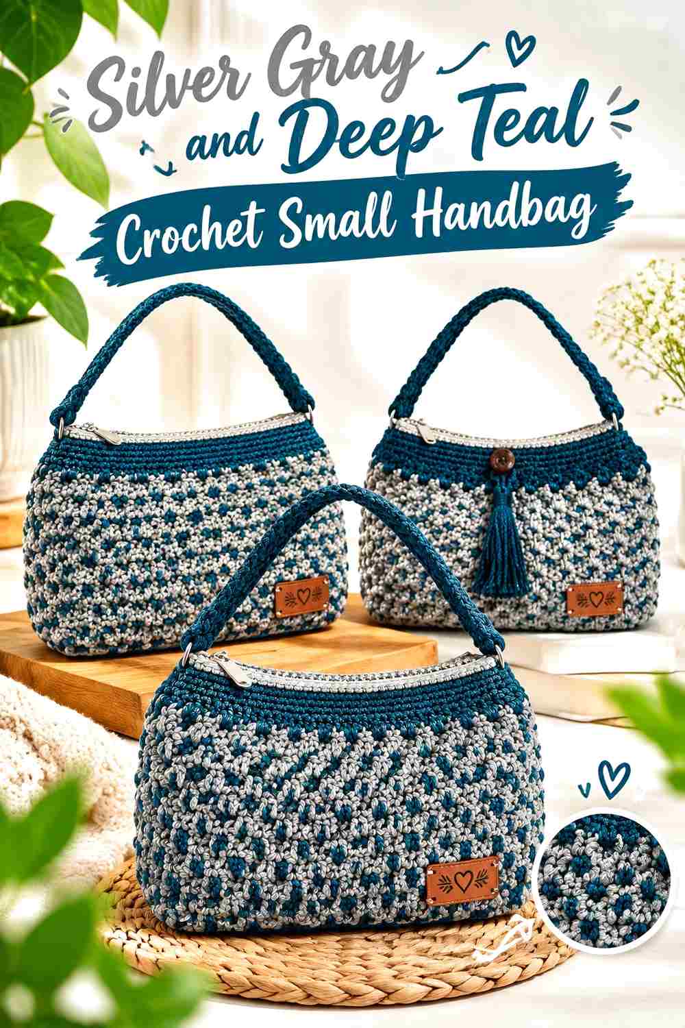 15. Silver Gray And Deep Teal Crochet Small Handbag