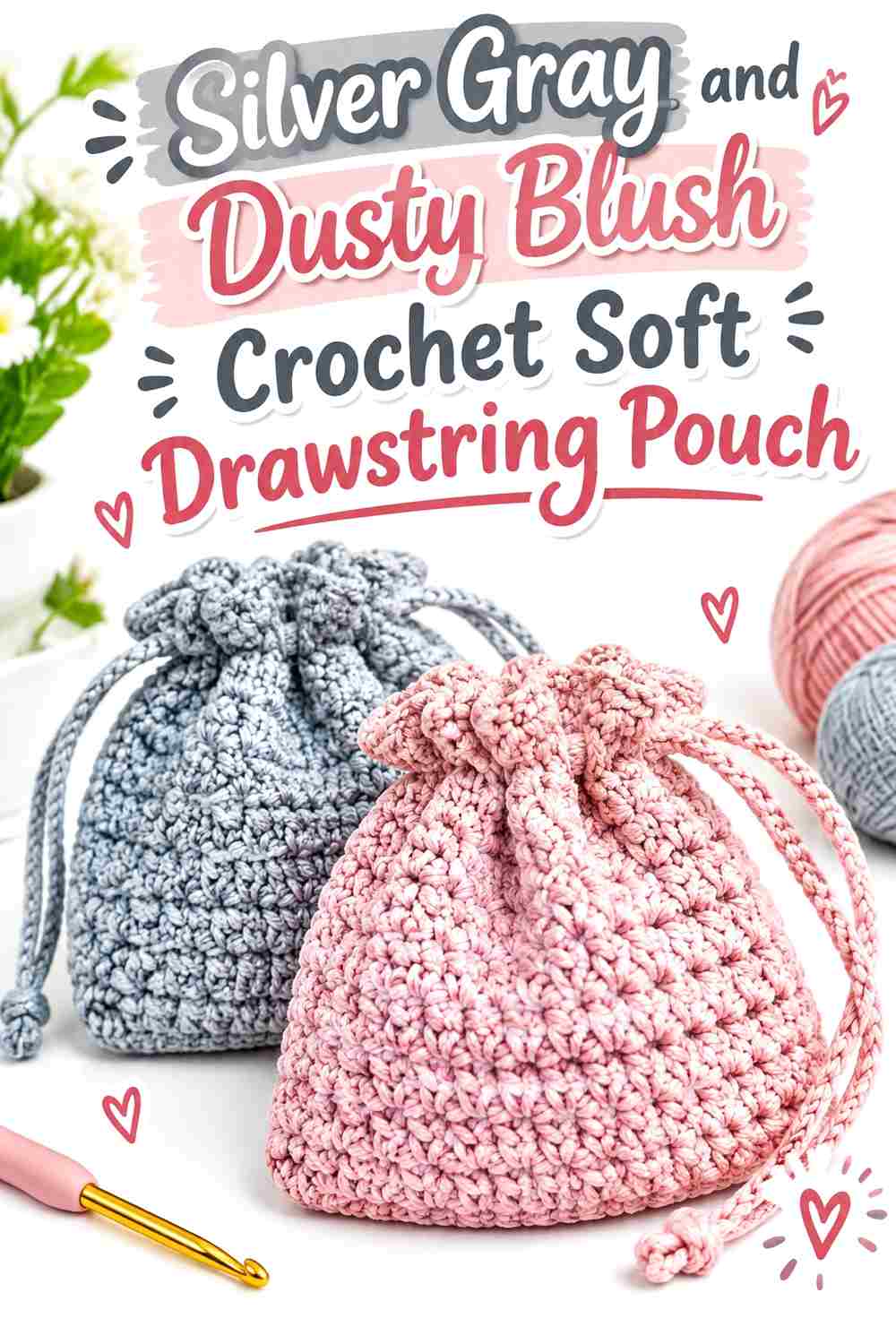 6. Silver Gray And Dusty Blush Crochet Soft Drawstring Pouch