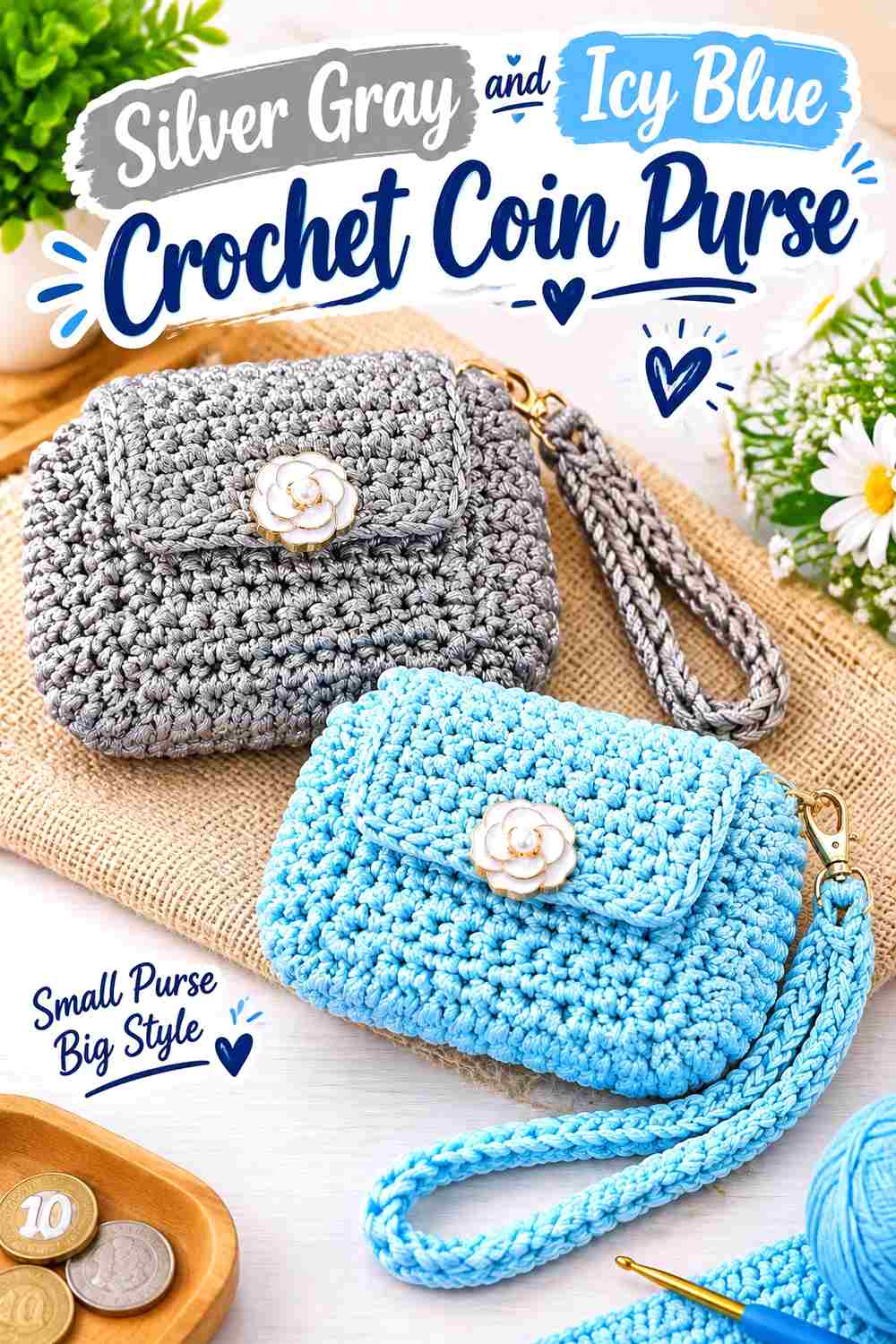 4. Silver Gray And Icy Blue Crochet Coin Purse