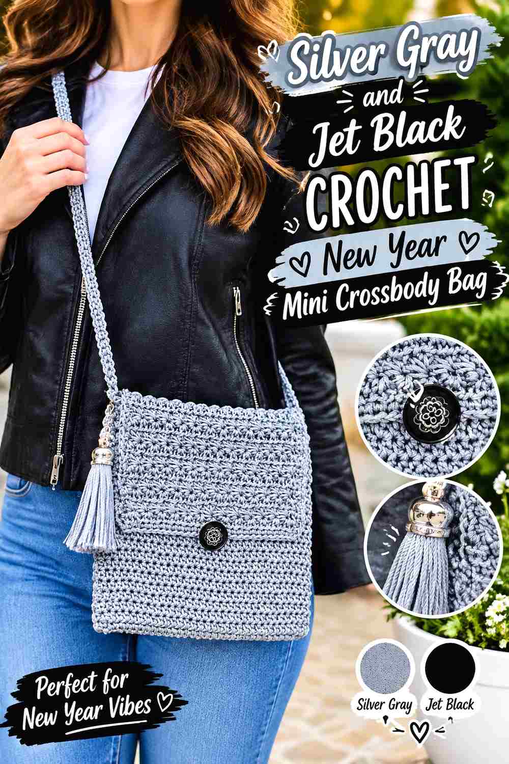 1. Silver Gray And Jet Black Crochet New Year Mini Crossbody Bag