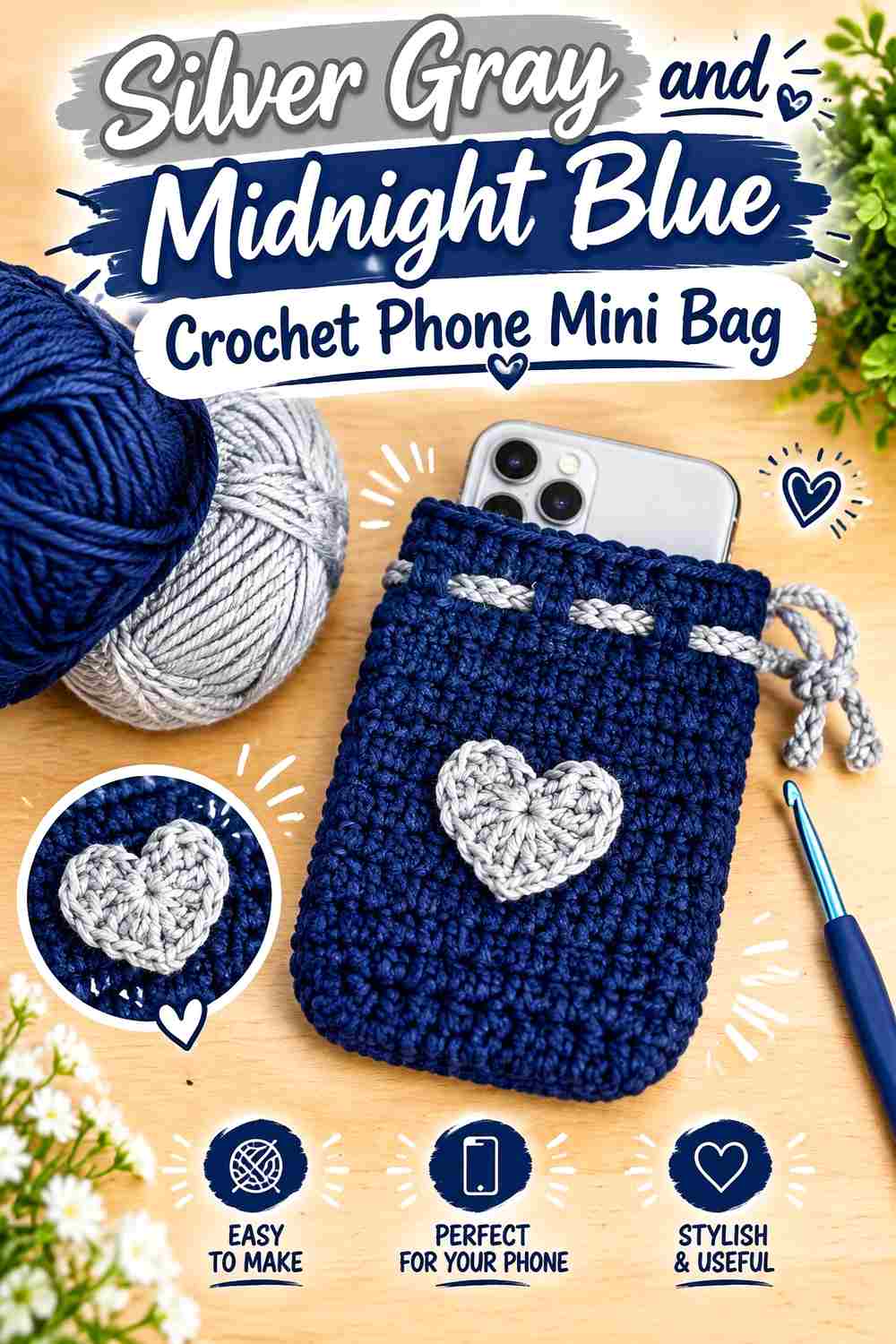 11. Silver Gray And Midnight Blue Crochet Phone Mini Bag