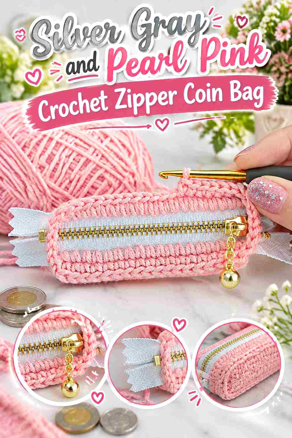 14. Silver Gray And Pearl Pink Crochet Zipper Coin Bag