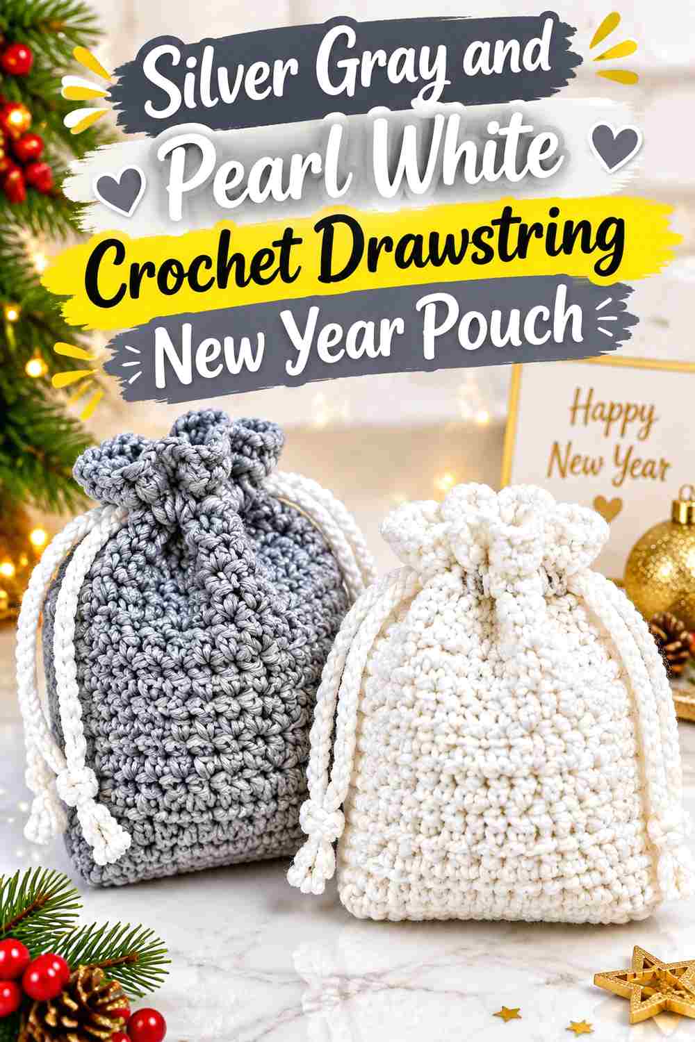 2. Silver Gray And Pearl White Crochet Drawstring New Year Pouch