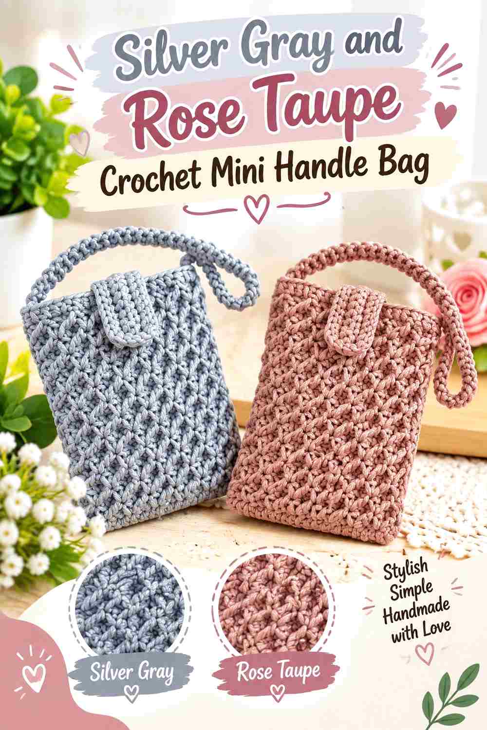 10. Silver Gray And Rose Taupe Crochet Mini Handle Bag