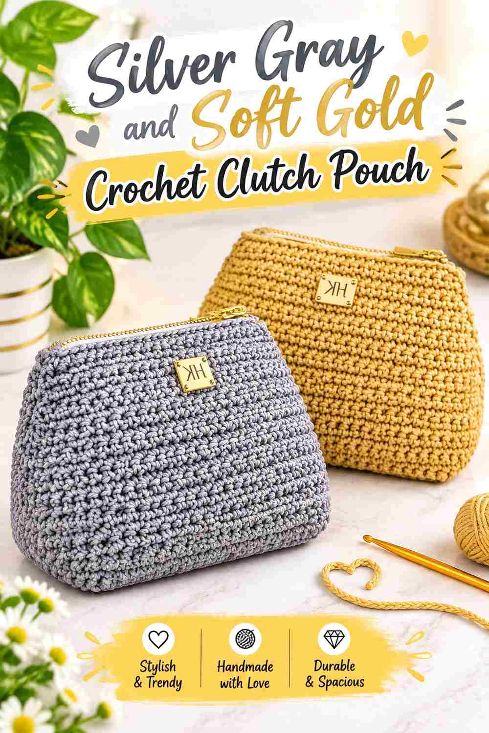12. Silver Gray And Soft Gold Crochet Clutch Pouch
