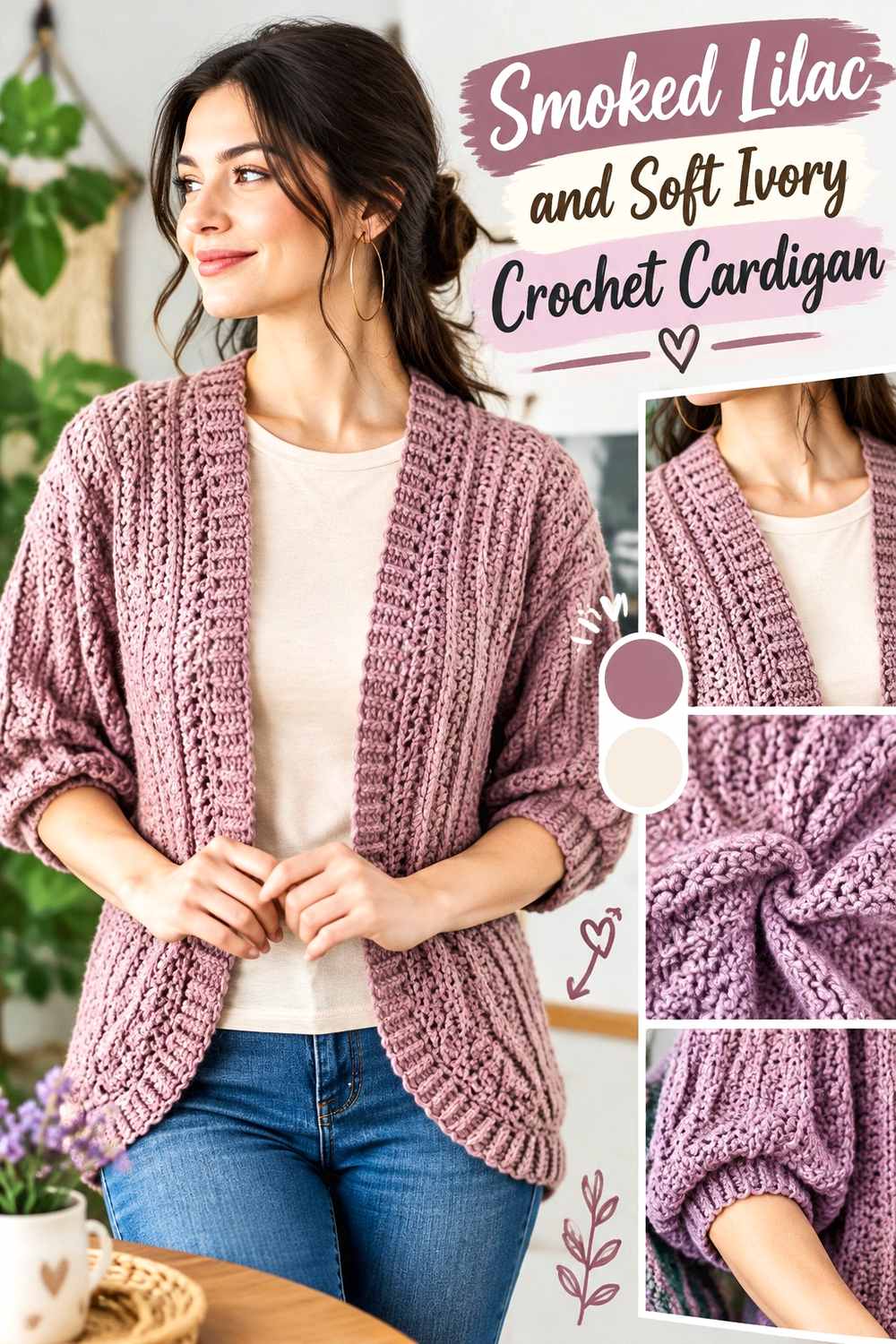 1. Smoked Lilac And Soft Ivory Crochet Cardigan
