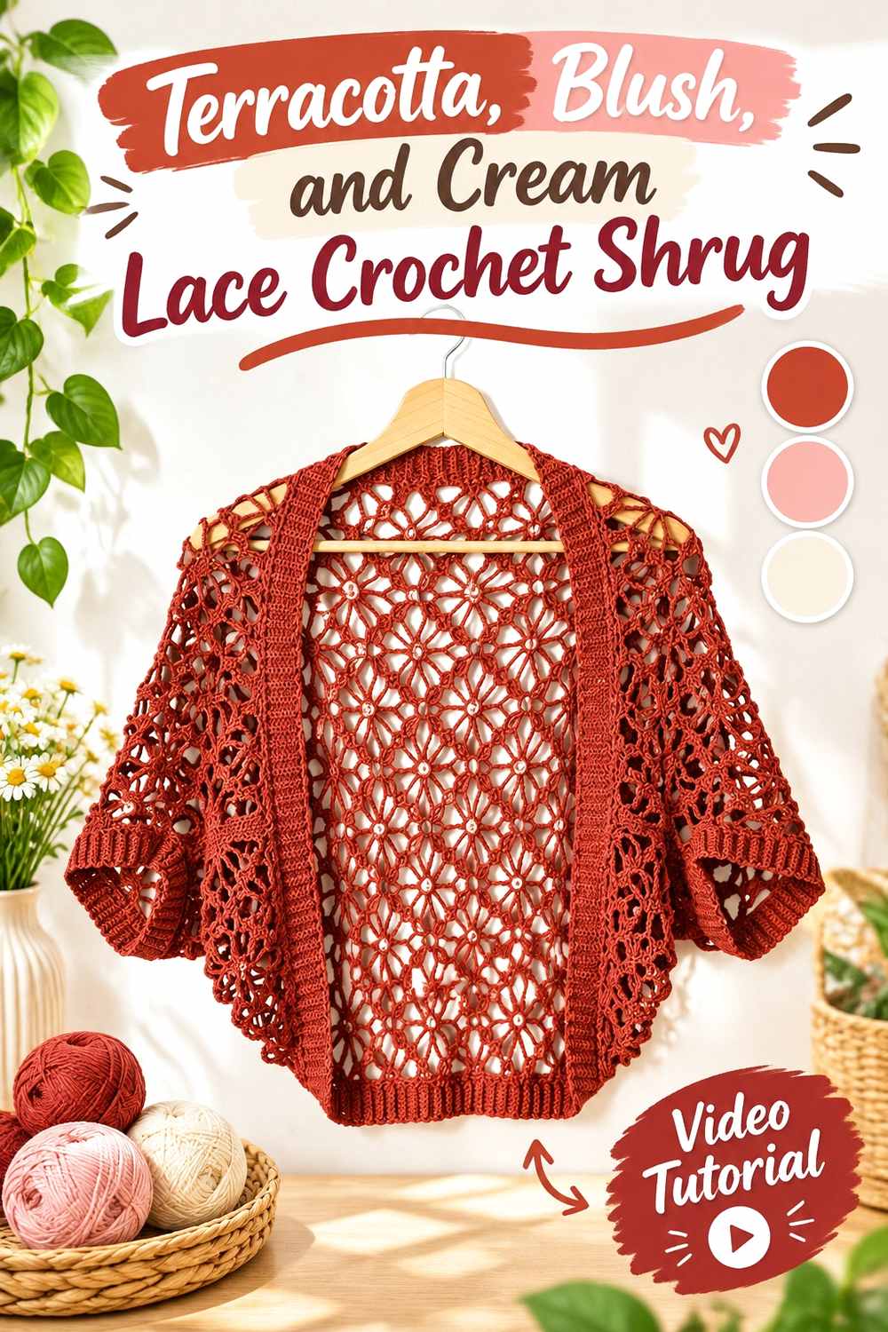 9. Terracotta Blush And Cream Lace Crochet Shrug