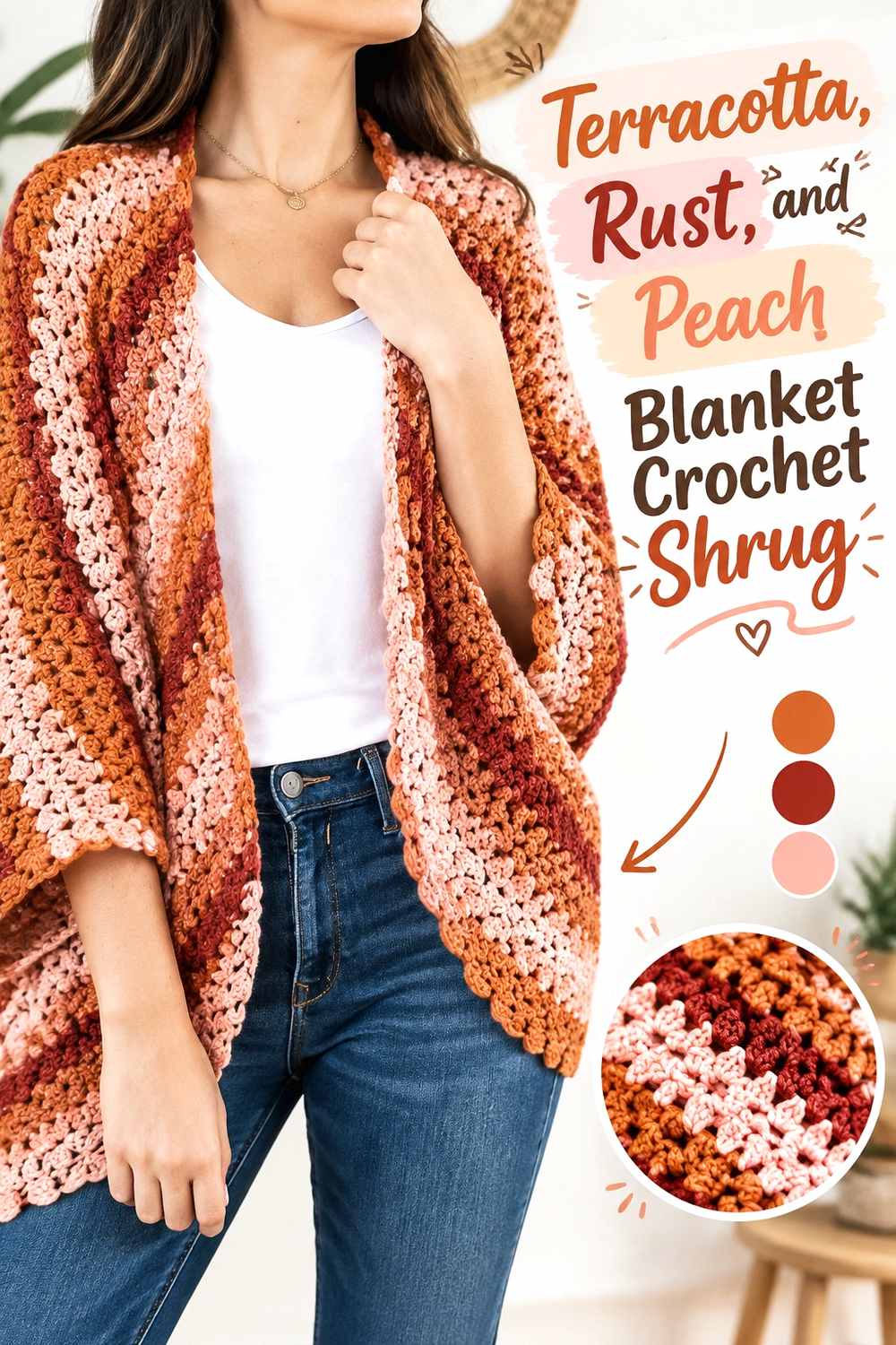 13. Terracotta Rust And Peach Blanket Crochet Shrug