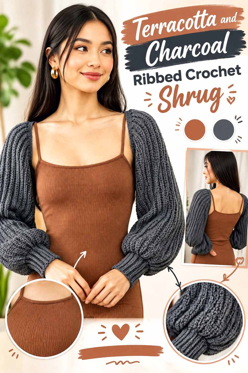4. Terracotta And Charcoal Ribbed Crochet Shrug