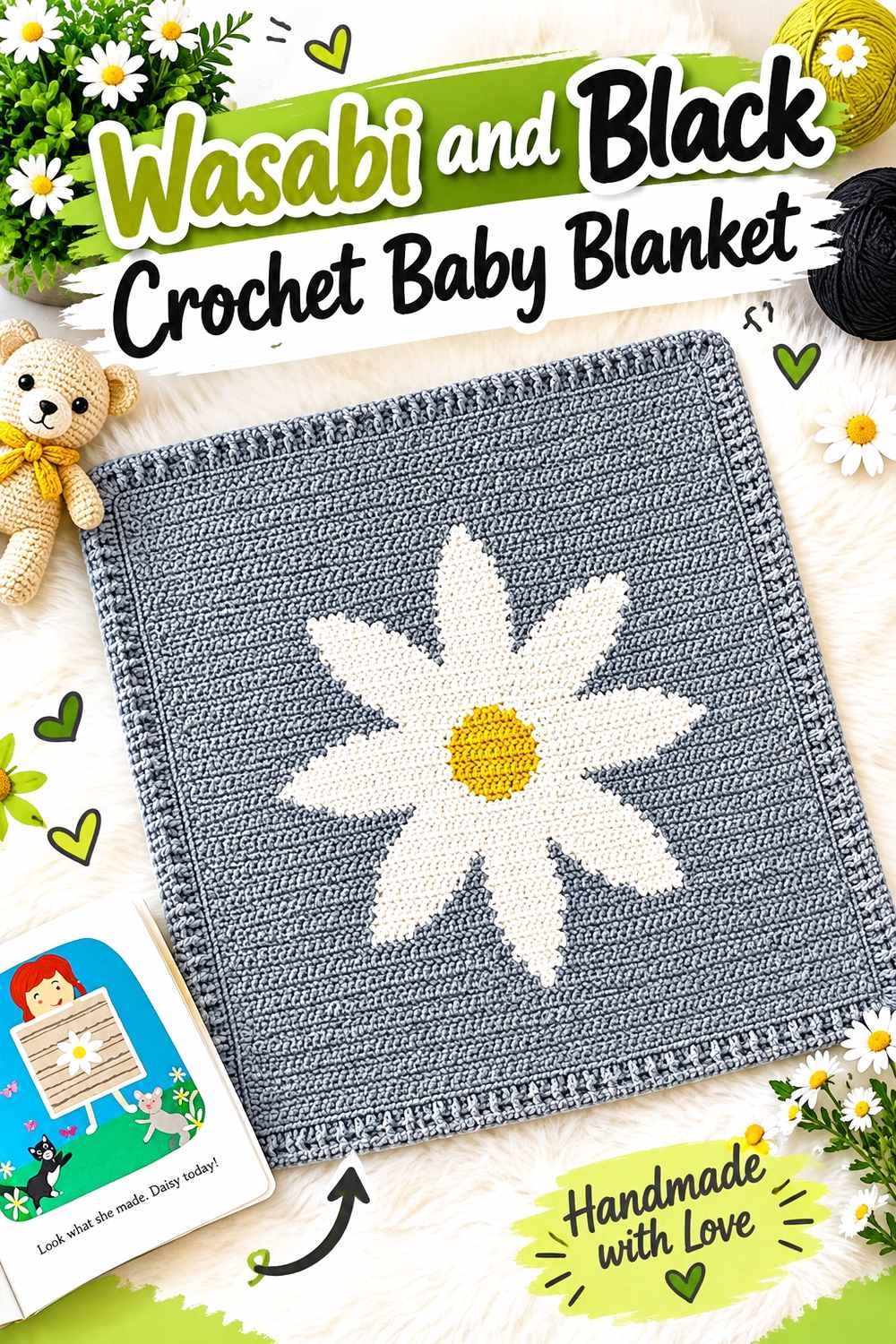 1. Wasabi And Black Crochet Baby Blanket
