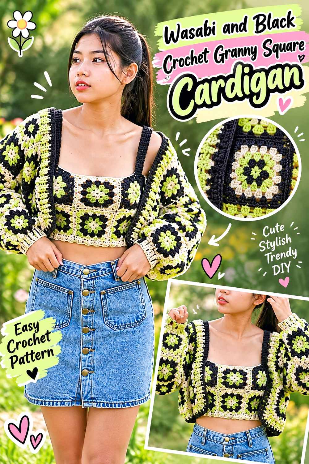 2. Wasabi And Black Crochet Granny Square Cardigan