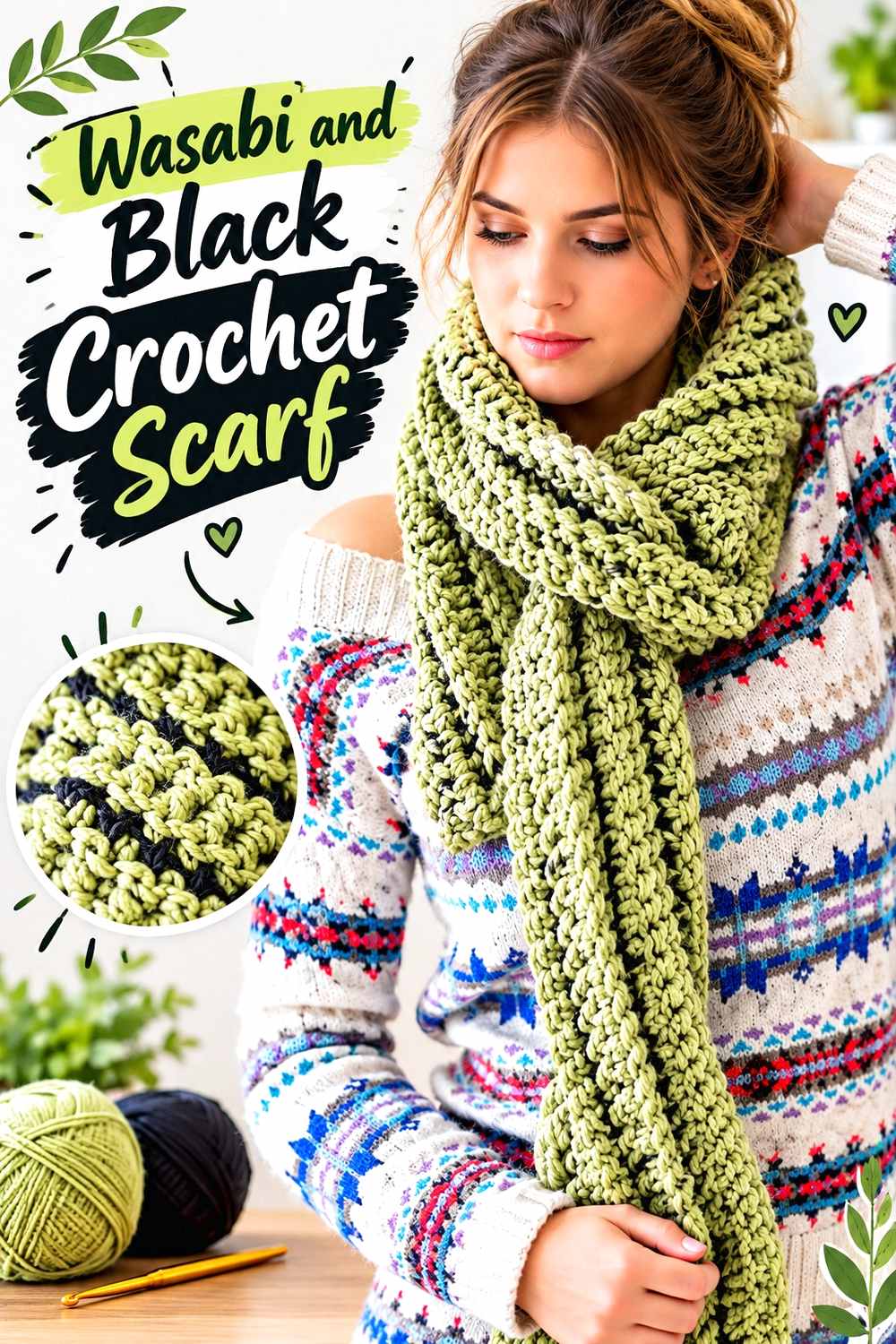 5. Wasabi And Black Crochet Scarf