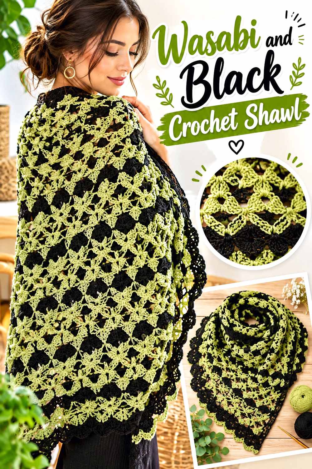 6. Wasabi And Black Crochet Shawl