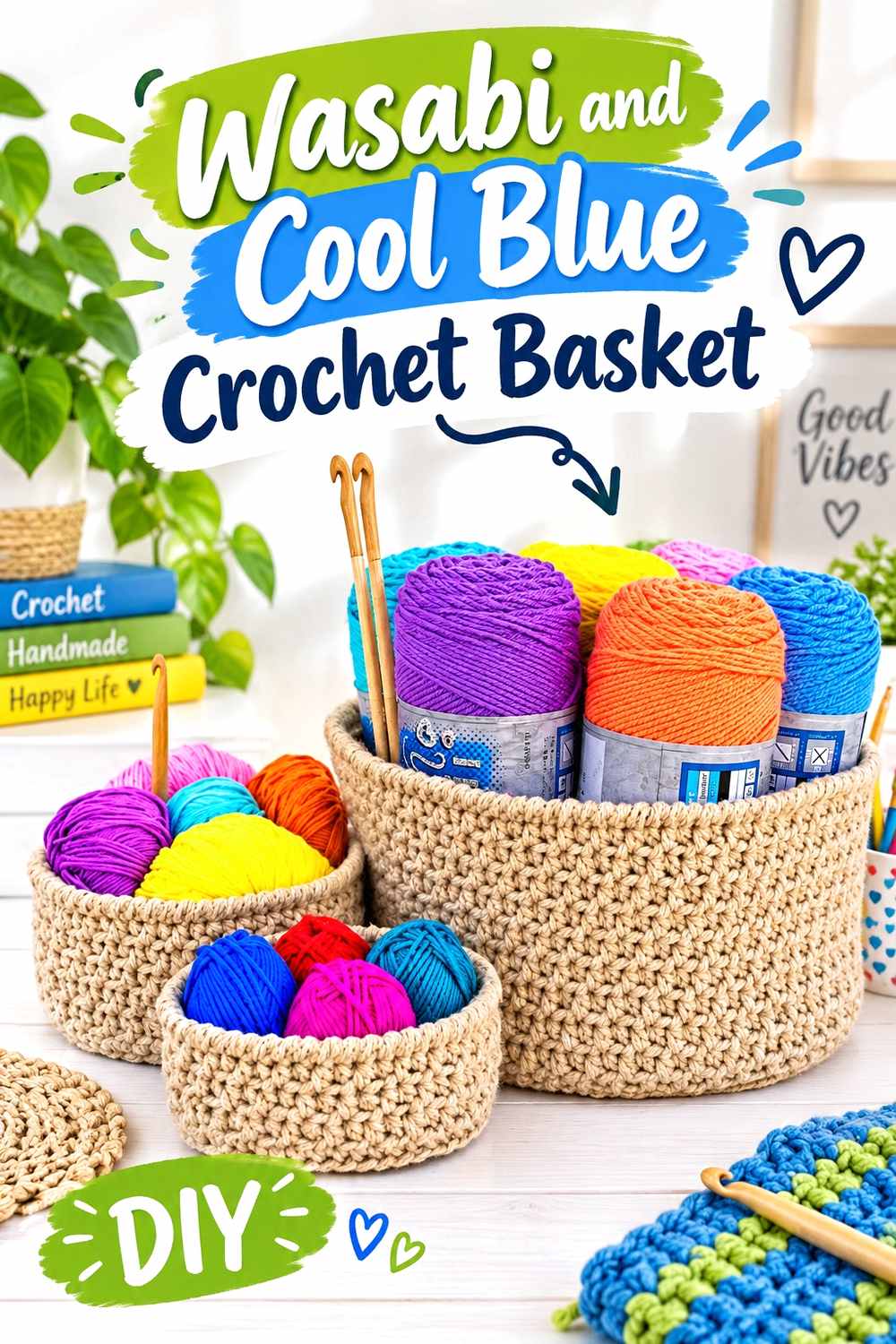 8. Wasabi And Cool Blue Crochet Basket
