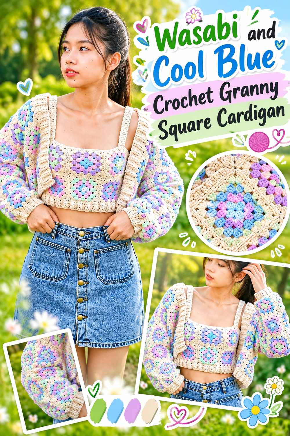 2. Wasabi And Cool Blue Crochet Granny Square Cardigan