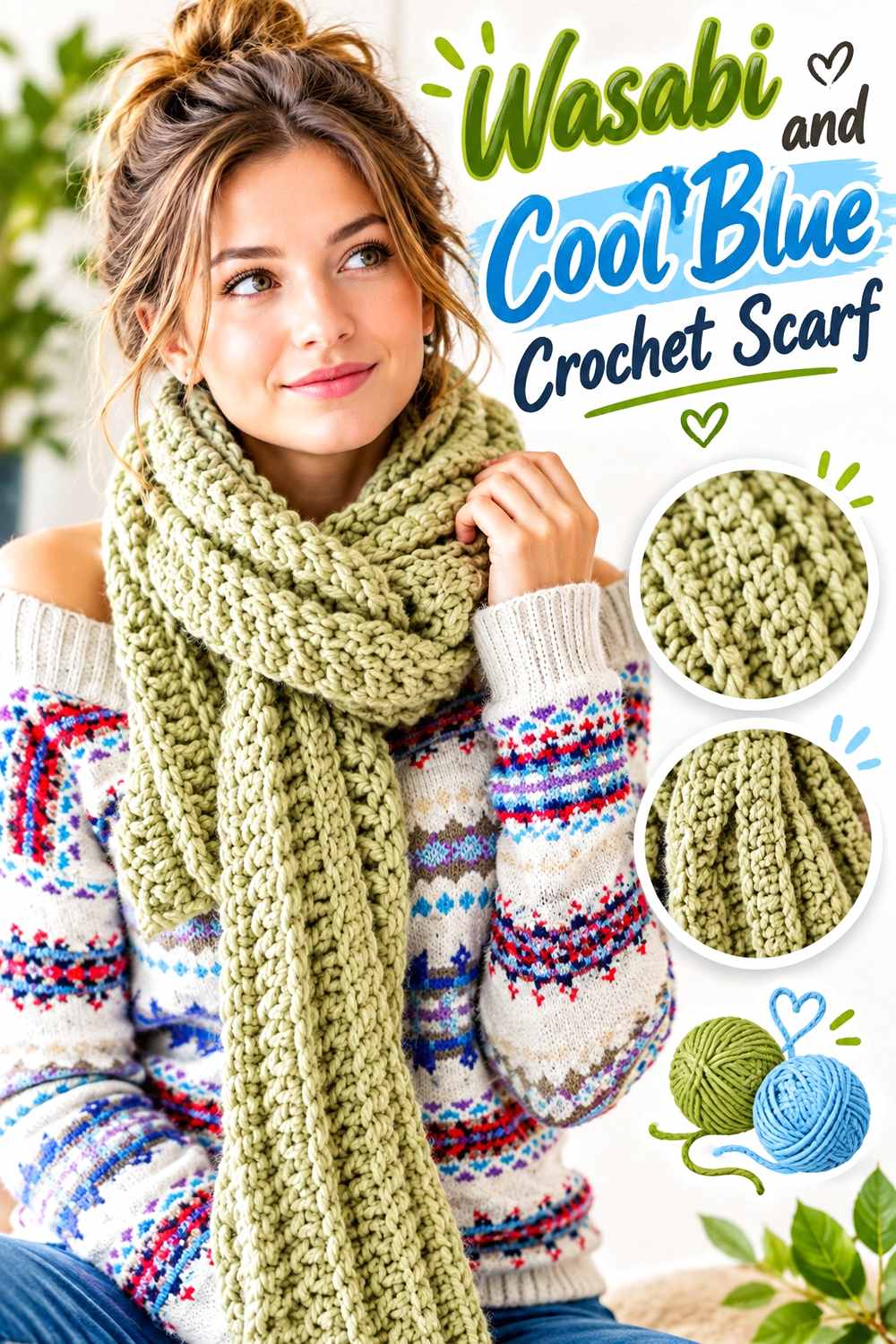 4. Wasabi And Cool Blue Crochet Scarf