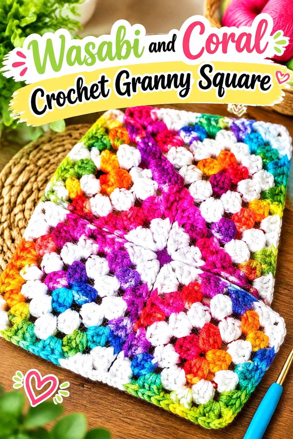 12. Wasabi And Coral Crochet Granny Square