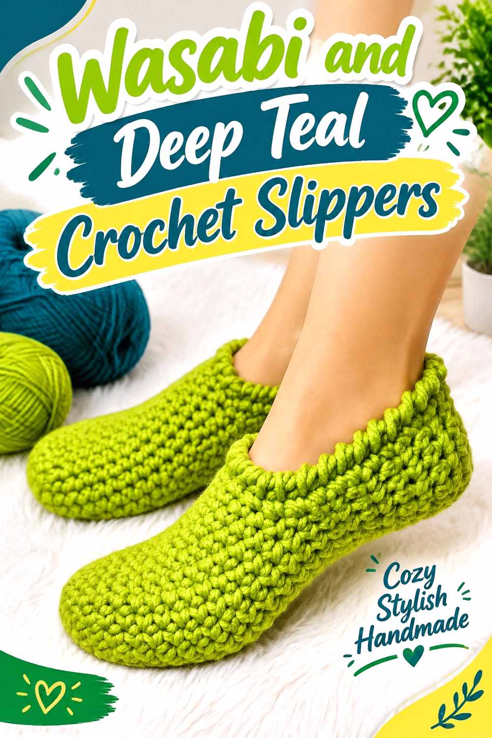 15. Wasabi And Deep Teal Crochet Slippers