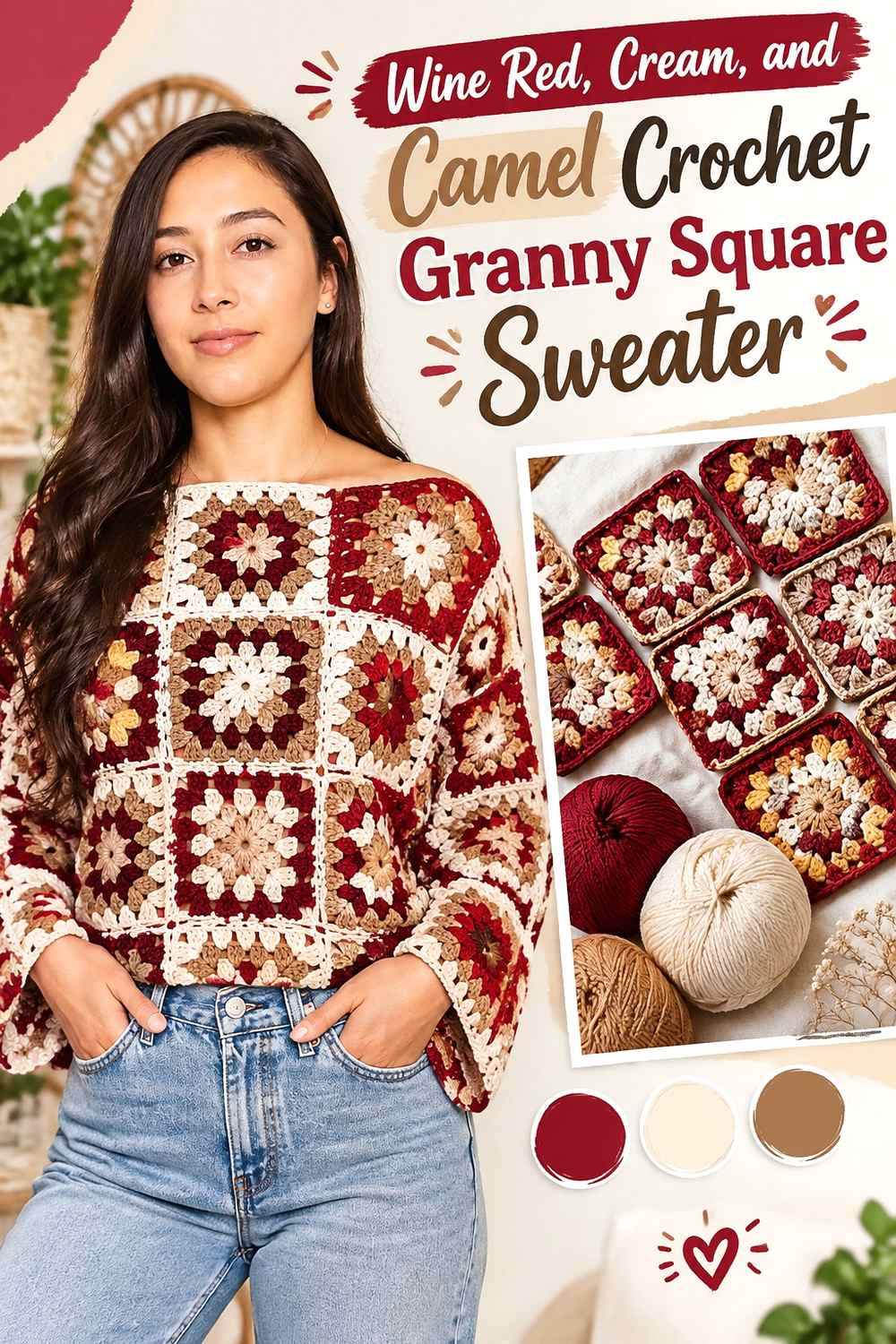 12. Wine Red Cream And Camel Crochet Granny Square Sweater