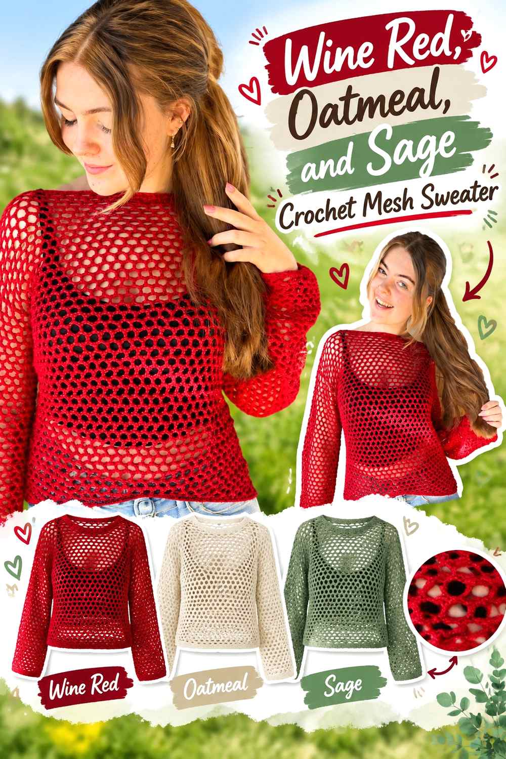 17. Wine Red Oatmeal And Sage Crochet Mesh Sweater