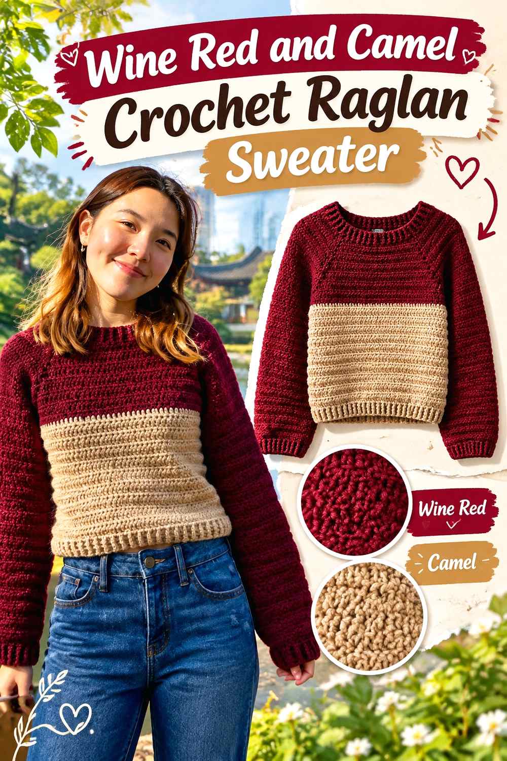 2. Wine Red And Camel Crochet Raglan Sweater