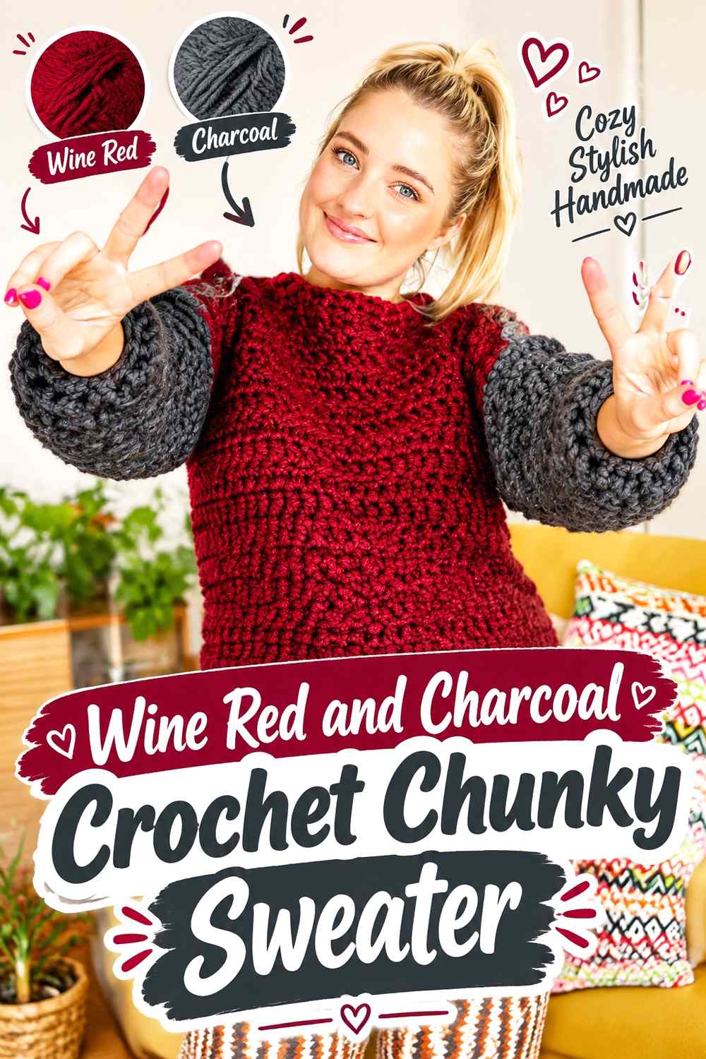 9. Wine Red And Charcoal Crochet Chunky Sweater