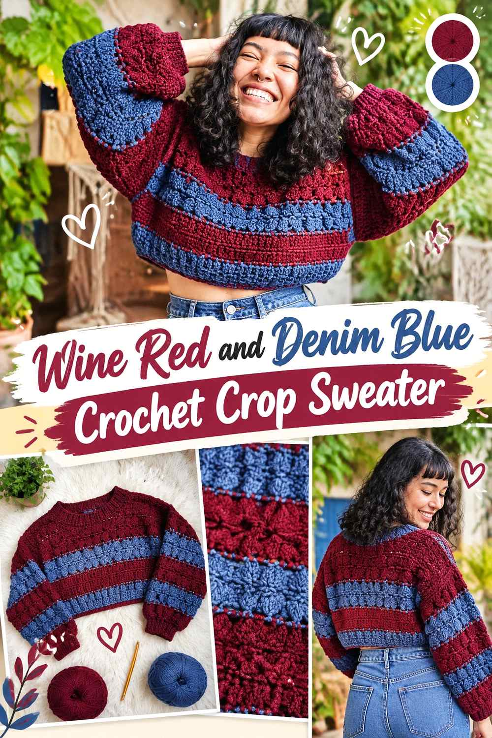 13. Wine Red And Denim Blue Crochet Crop Sweater