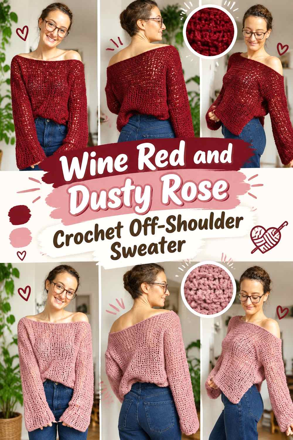 5. Wine Red And Dusty Rose Crochet Off Shoulder Sweater