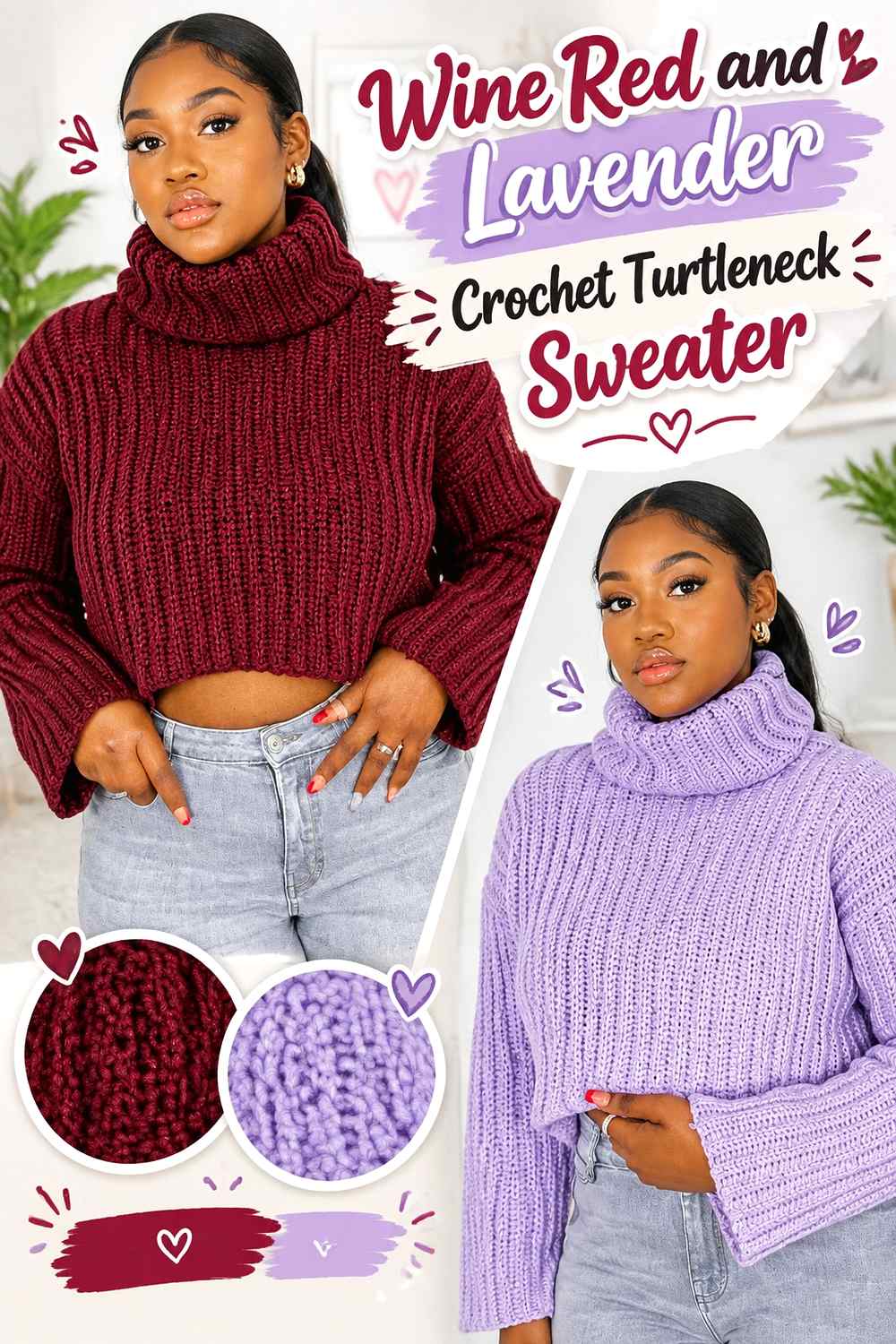 4. Wine Red And Lavender Crochet Turtleneck Sweater