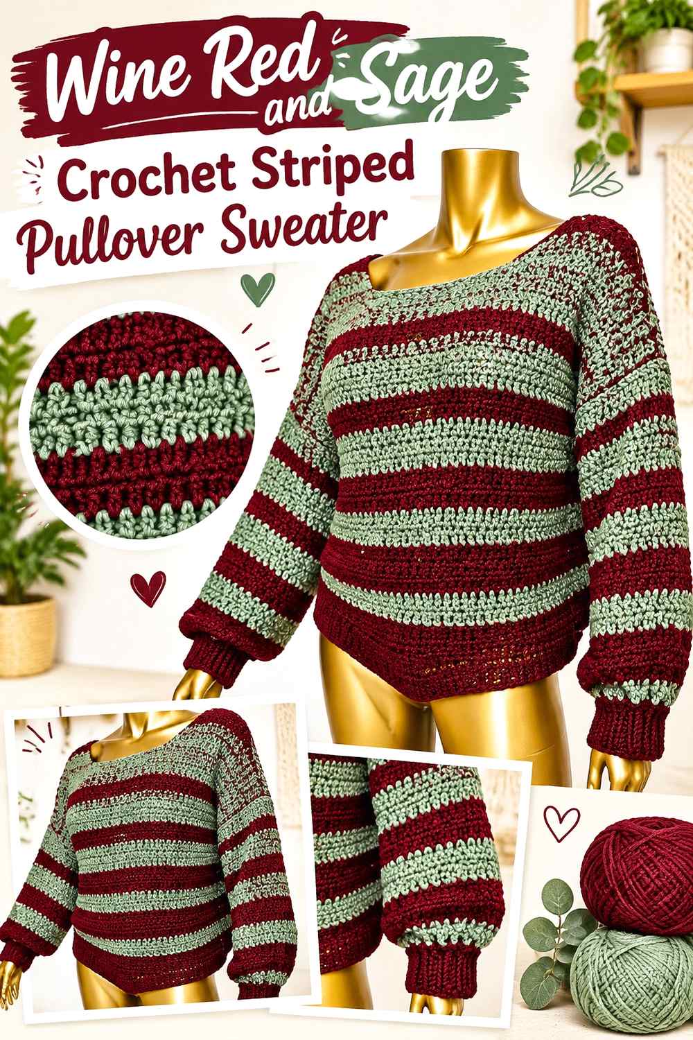 10. Wine Red And Sage Crochet Striped Pullover Sweater