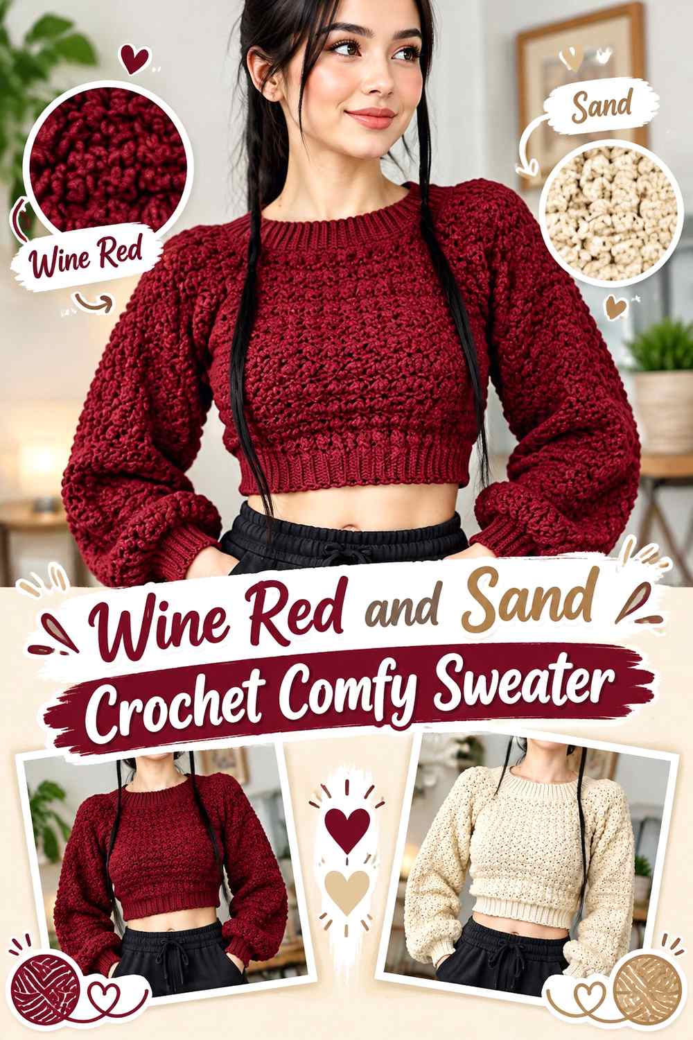 16. Wine Red And Sand Crochet Comfy Sweater