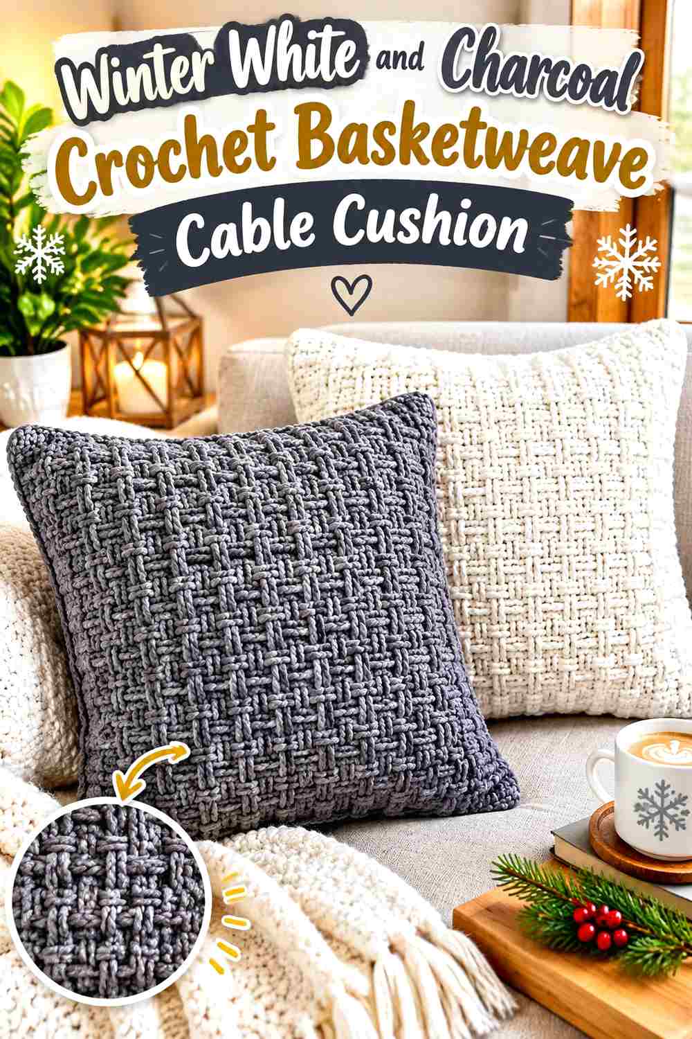 5. Winter White And Charcoal Crochet Basketweave Cable Cushion