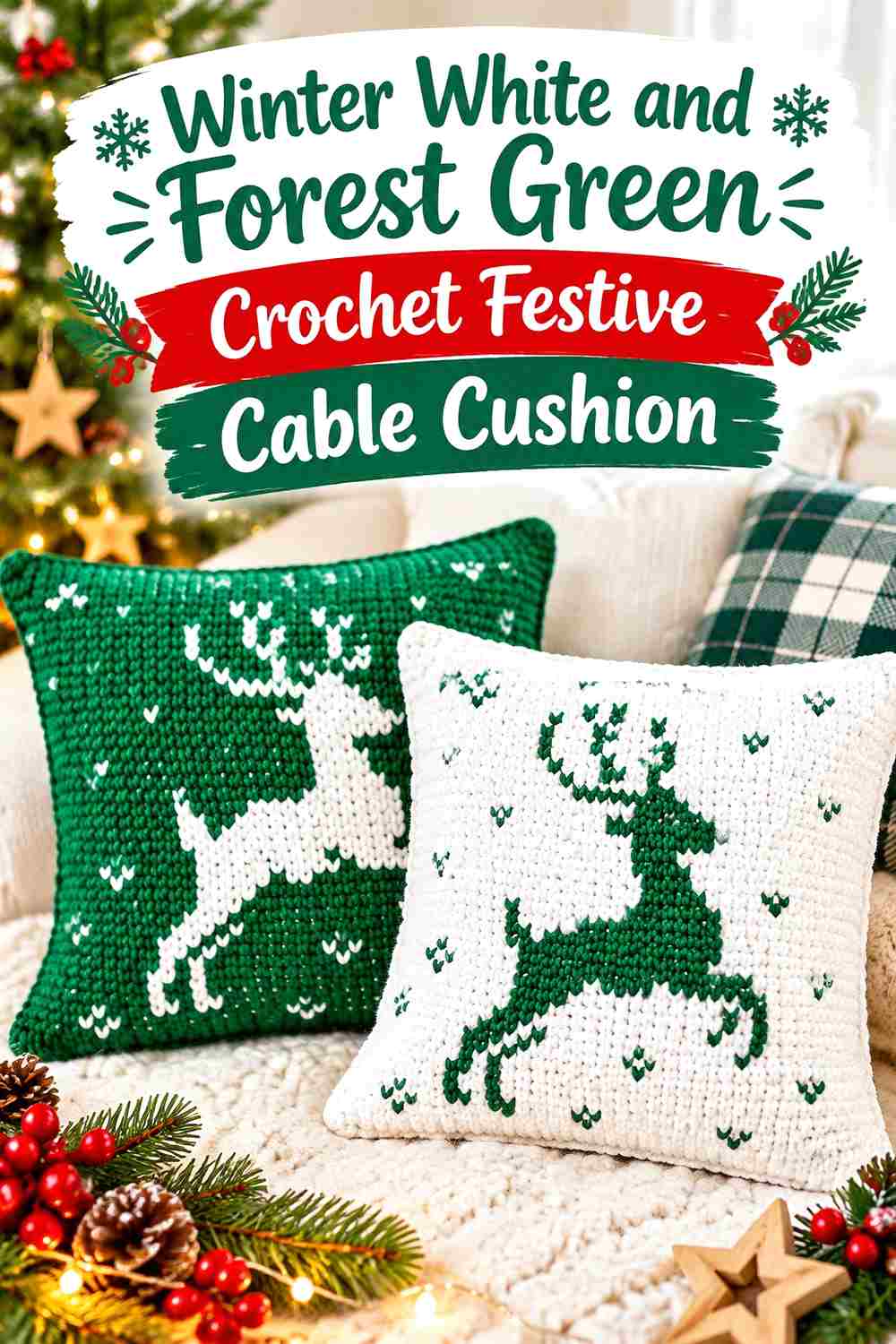 14. Winter White And Forest Green Crochet Festive Cable Cushion