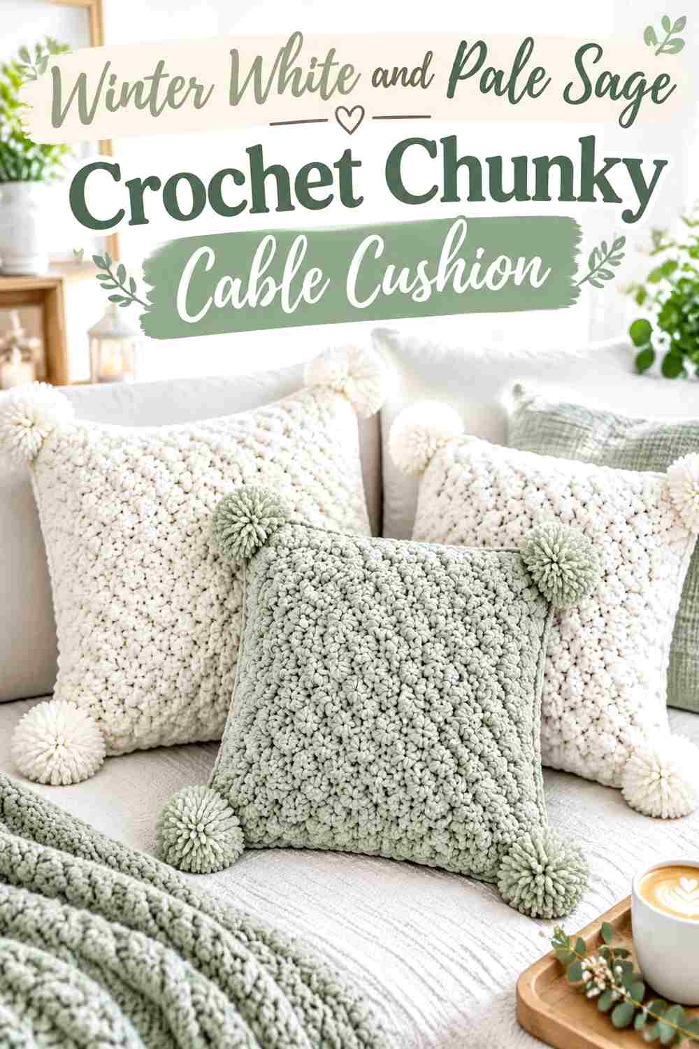 7. Winter White And Pale Sage Crochet Chunky Cable Cushion