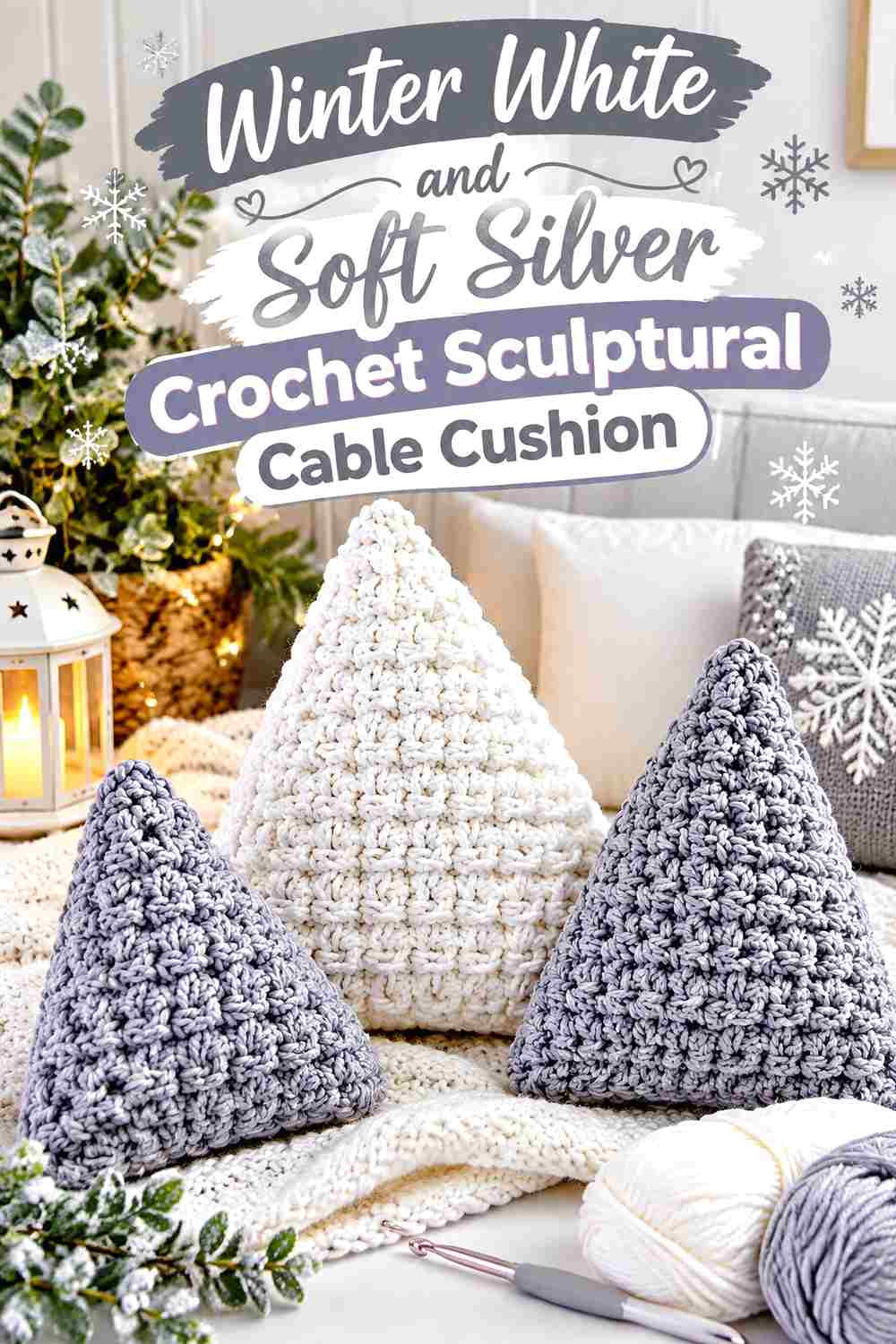 12. Winter White And Soft Silver Crochet Sculptural Cable Cushion