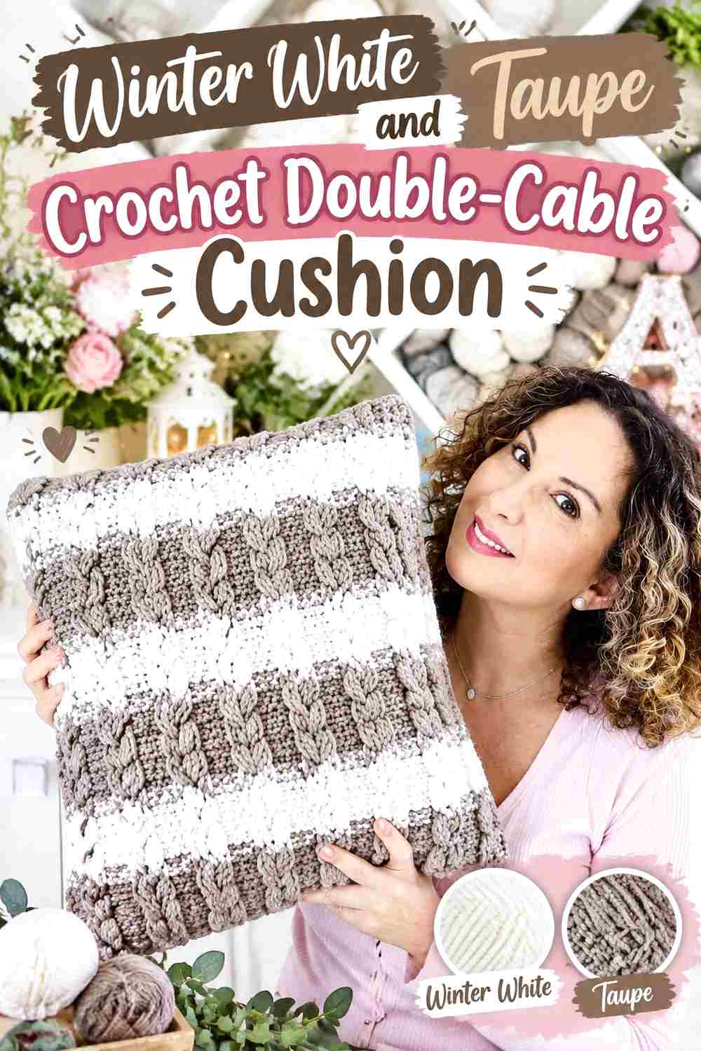 2. Winter White And Taupe Crochet Double Cable Cushion