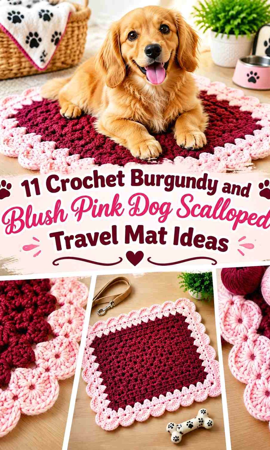 Crochet Burgundy and Blush Pink Dog Scalloped Travel Mat Ideas