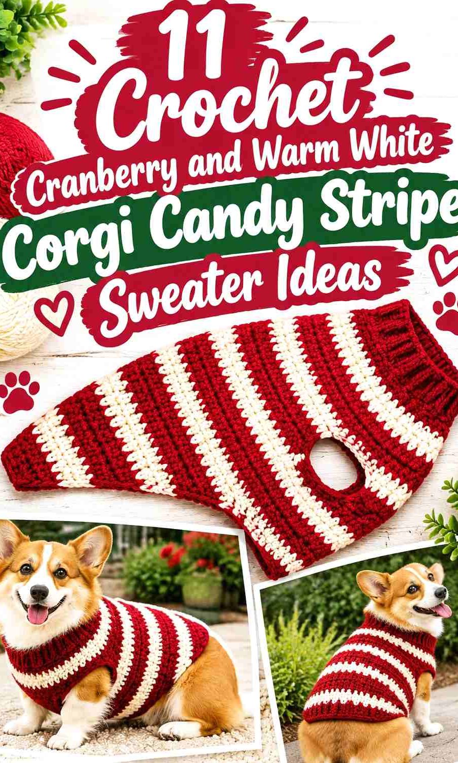 Crochet Cranberry and Warm White Corgi Candy Stripe Sweater Ideas