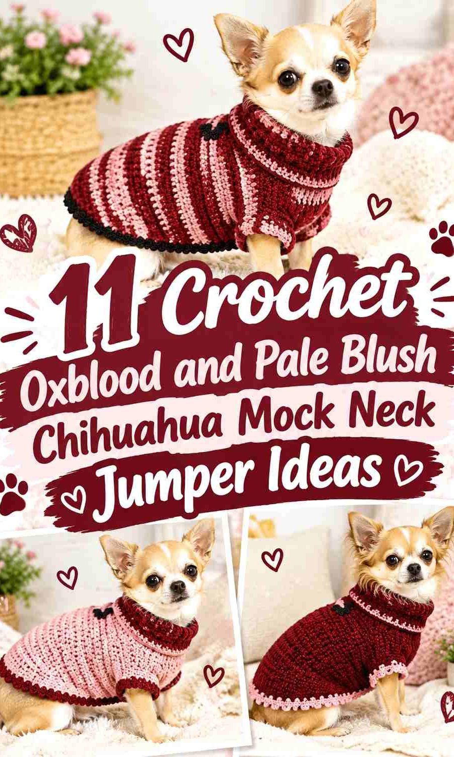 Crochet Oxblood and Pale Blush Chihuahua Mock Neck Jumper Ideas