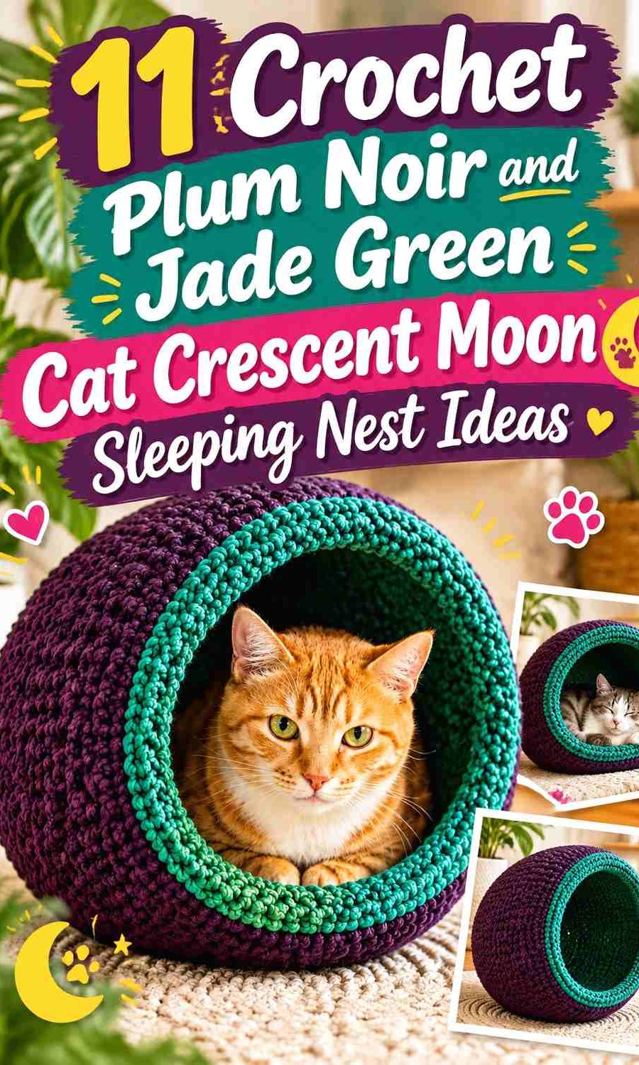 Crochet Plum Noir and Jade Green Cat Crescent Moon Sleeping Nest Ideas