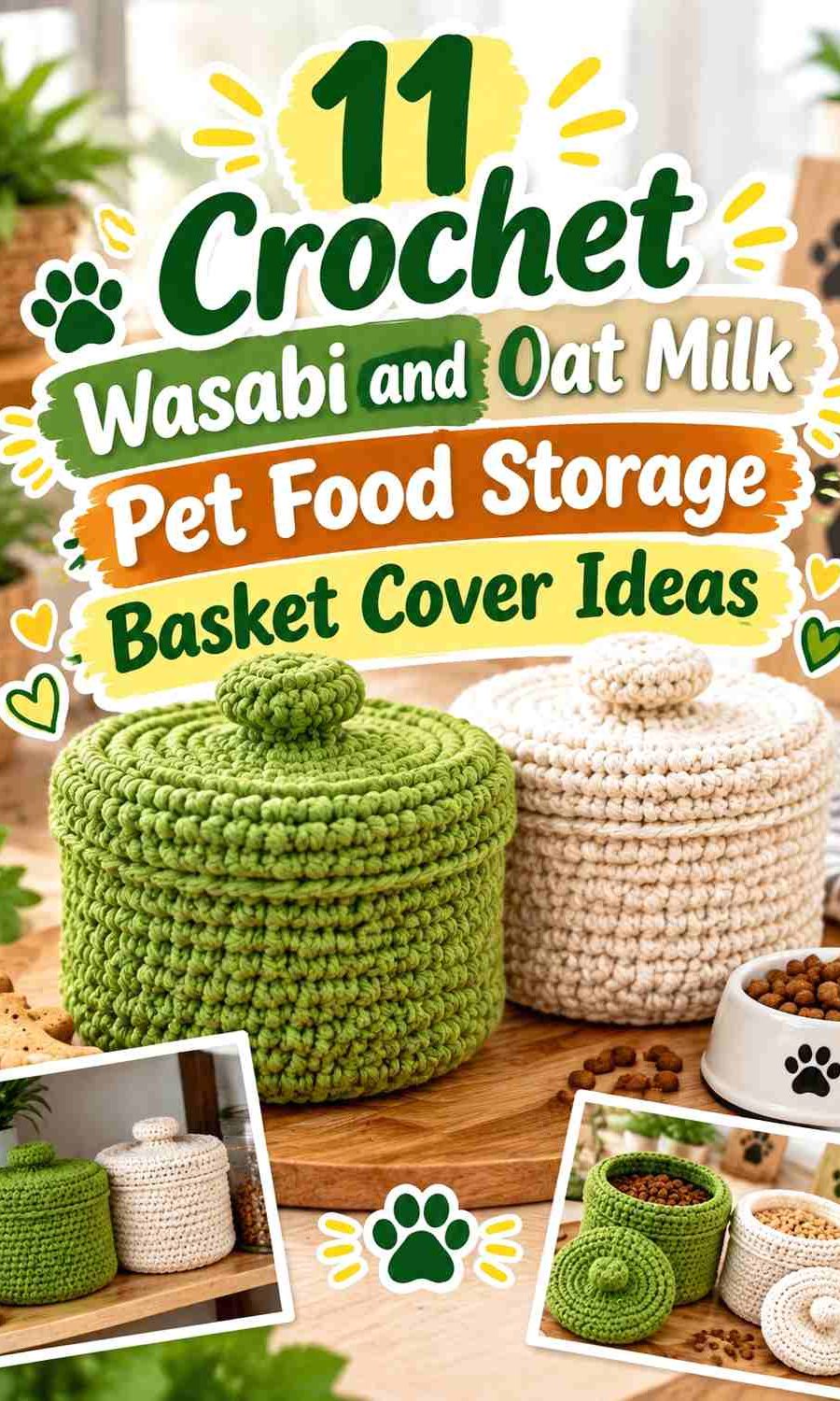 Crochet Wasabi and Oat Milk Pet Food Storage Basket Cover Ideas