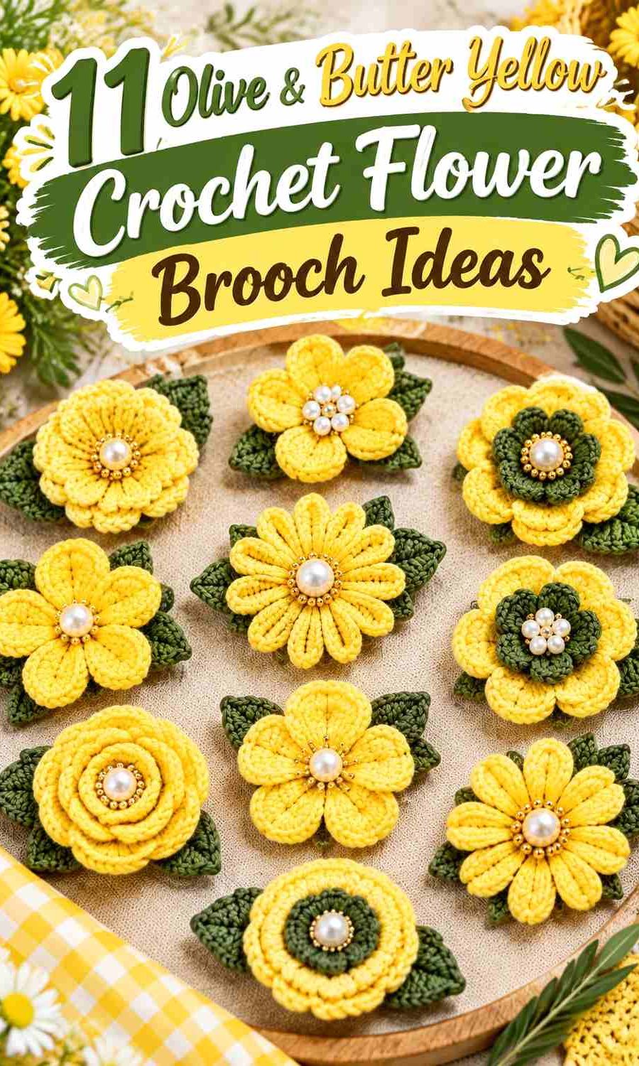 11 Olive & Butter Yellow Crochet Flower Brooch Ideas