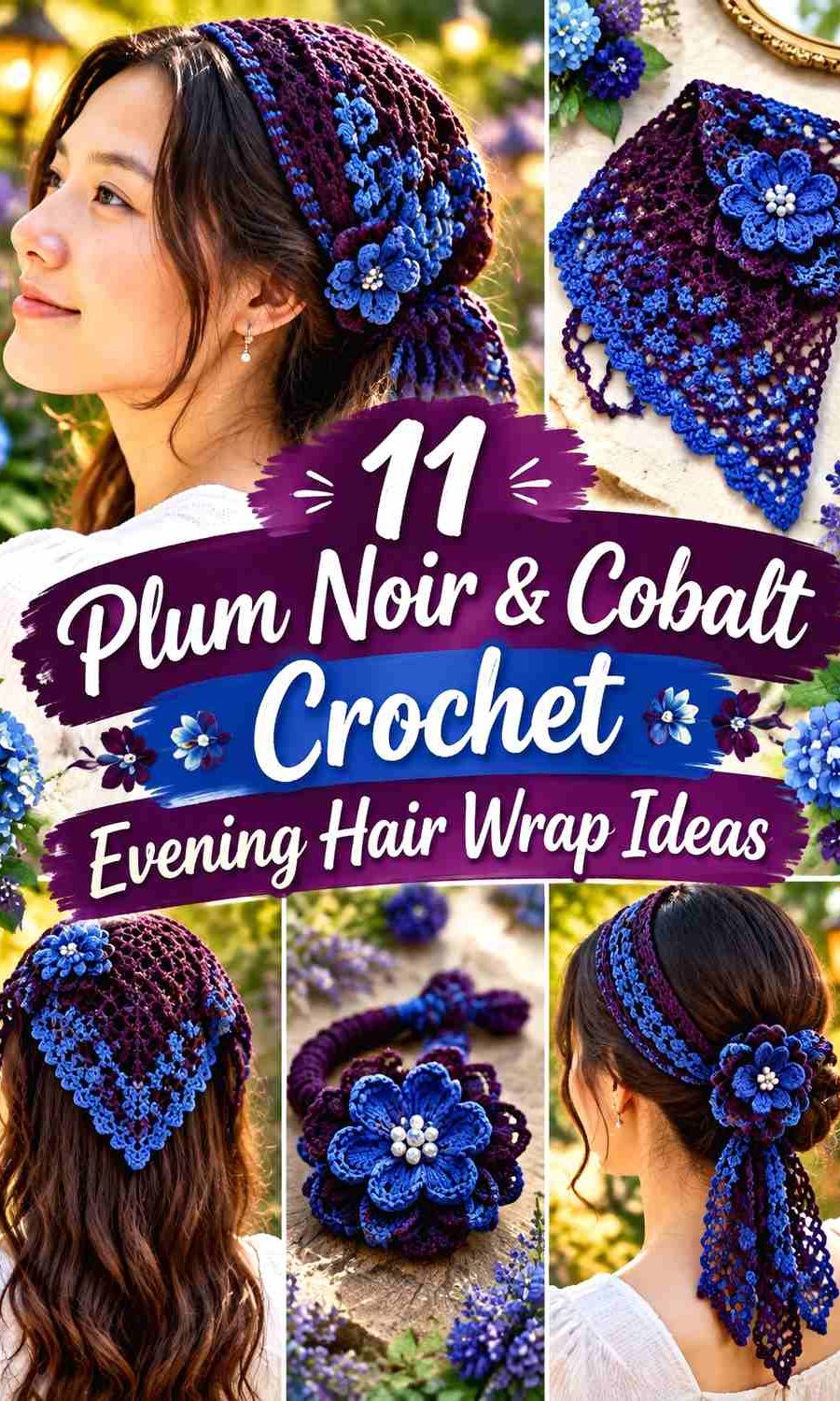 11 Plum Noir & Cobalt Crochet Evening Hair Wrap Ideas