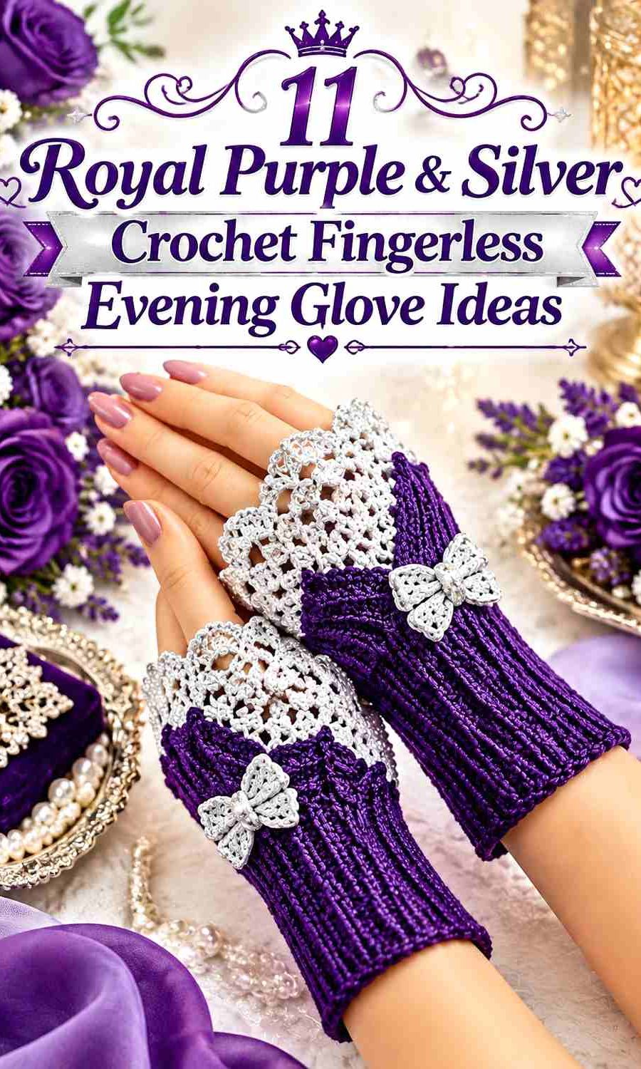 11 Royal Purple & Silver Crochet Fingerless Evening Glove Ideas