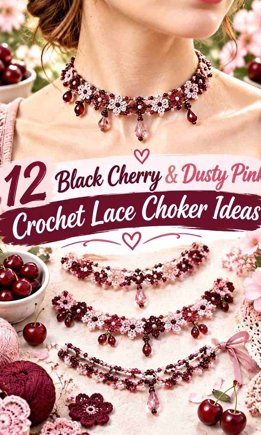 12 Black Cherry & Dusty Pink Crochet Lace Choker Ideas