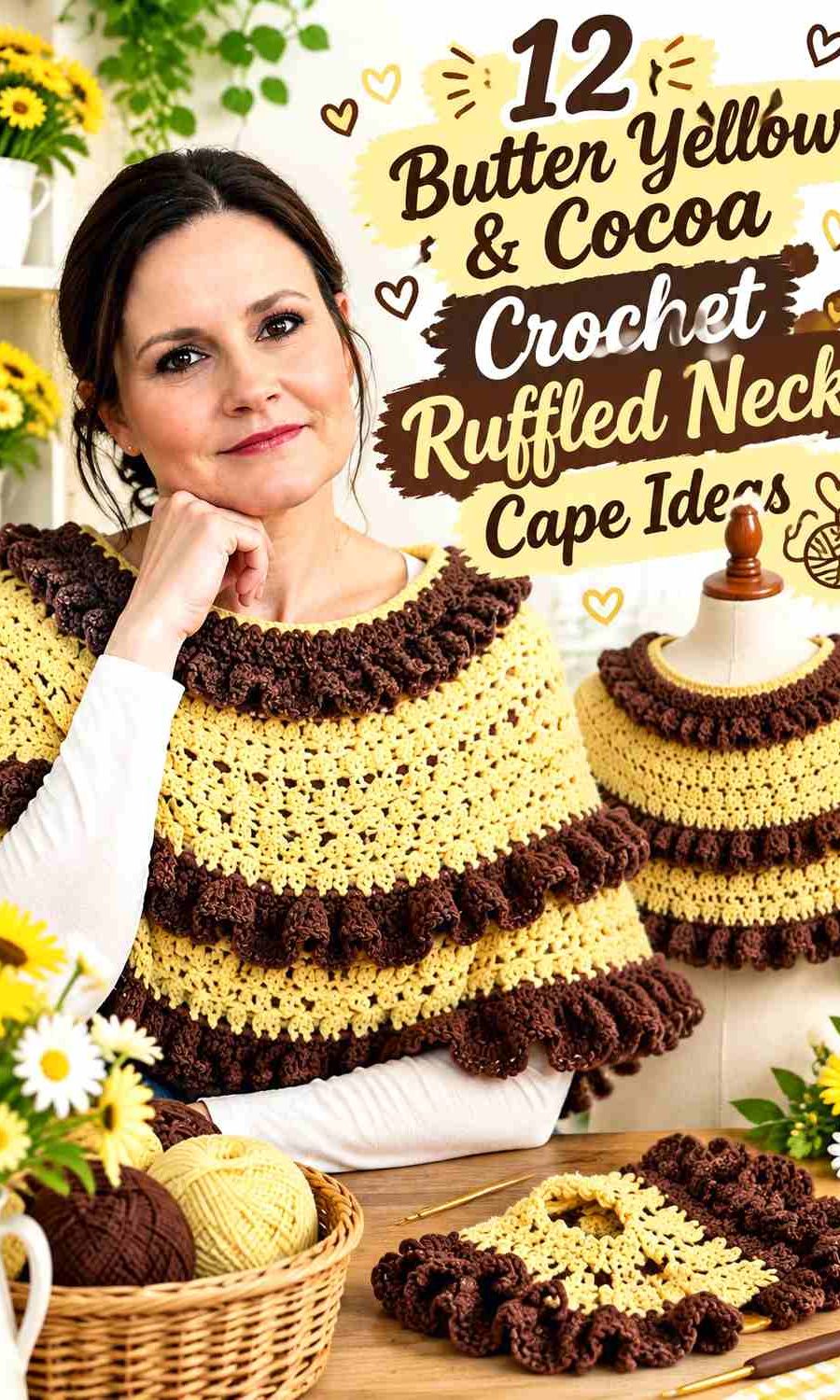 12 Butter Yellow & Cocoa Crochet Ruffled Neck Cape Ideas
