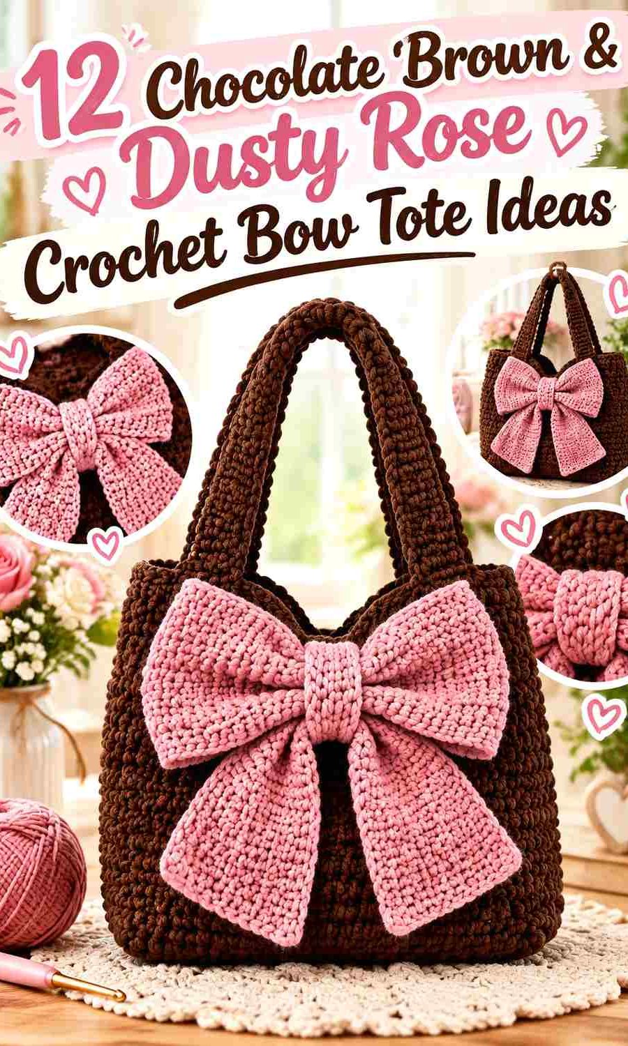 12 Chocolate Brown & Dusty Rose Crochet Bow Tote Ideas