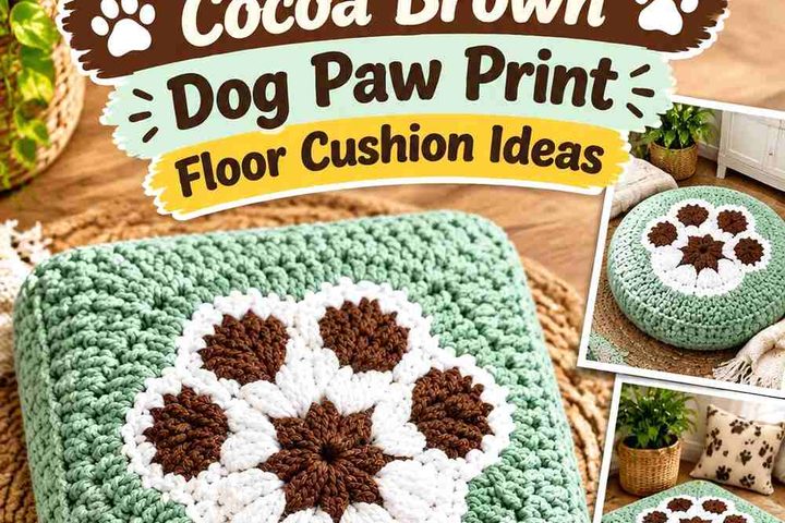 Cocoa Brown Crochet Floor Cushion Cover With Antique Mint Paw Accent