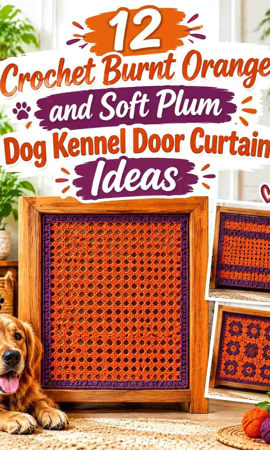 Crochet Burnt Orange and Soft Plum Dog Kennel Door Curtain Ideas